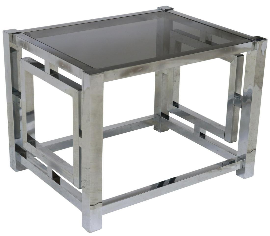 MILO BAUGHMAN STYLE CHROMED STEEL SIDE TABLE: Modern chromed steel side table, in the manner of Milo Baughman (American, 1923-2003), having inset smoke glass top, over inset square side panels, rising on block legs, surface wear to chrome, approx