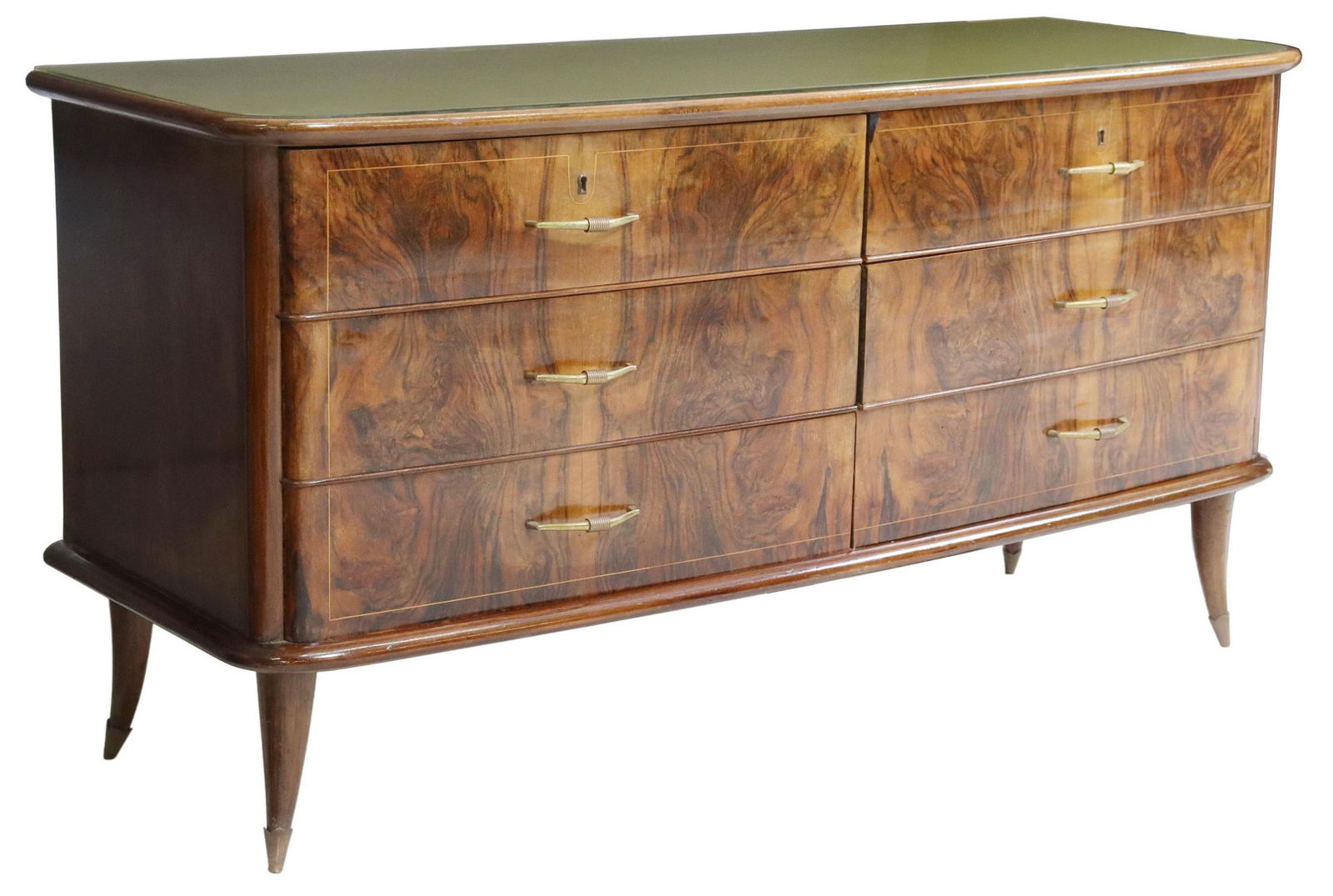 ITALIAN MID-CENTURY MODERN BURLED WALNUT COMMODE: Italian mid-century modern walnut chest of drawers, c.1950s, having shaped glass top, above six fitted drawers, rising on tapered legs ending in metal caps, intact with possible restoration to (one) d