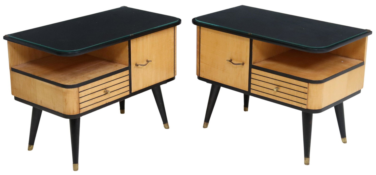 2) ITALIAN MID-CENTURY MODERN EBONIZED NIGHTSTANDS: (pair) Italian mid-century modern nightstands, c.1950s, having glass top, case with ebonized top and trim, fitted with single cabinet, single drawer, and medial open shelf, rising on tapered legs, end