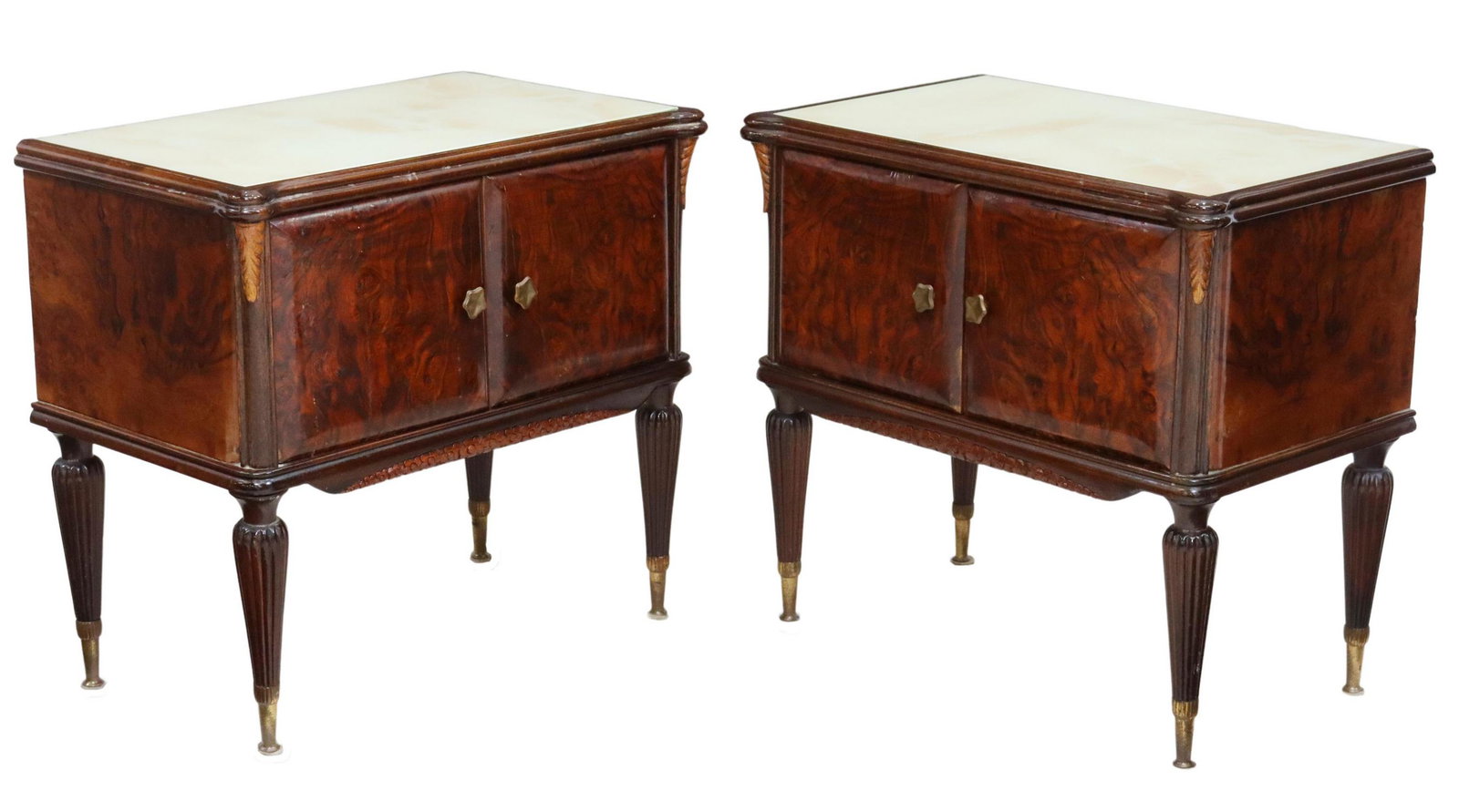 2) ITALIAN MID-CENTURY MODERN BURLWOOD NIGHTSTANDS: (pair) Italian mid-century modern burlwood bedside cabinets, c.1950s, inset glass top, over two cabinet doors, rising on tapering fluted legs, ending in brass feet, approx 23"h, 25"w, 15"d Start Price