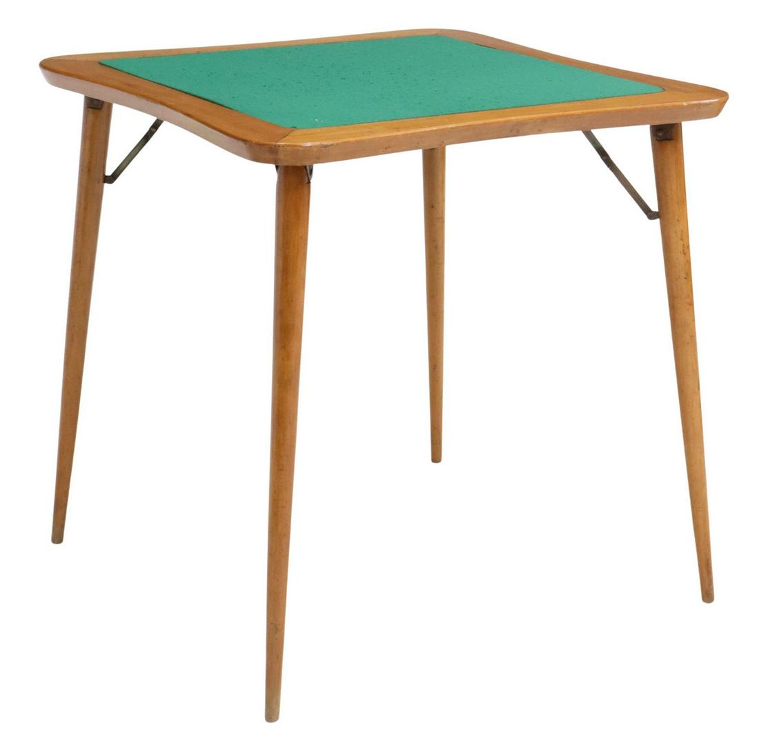 MID-CENTURY MODERN FELT-TOP FOLDING GAMES TABLE: Mid-century modern folding game table, c.1950s, having shaped rectangular top, with inset green felt playing surface, rising on folding tapered supports, approx 29"h, 29.5"w, 29.5"d Start Price: $150.