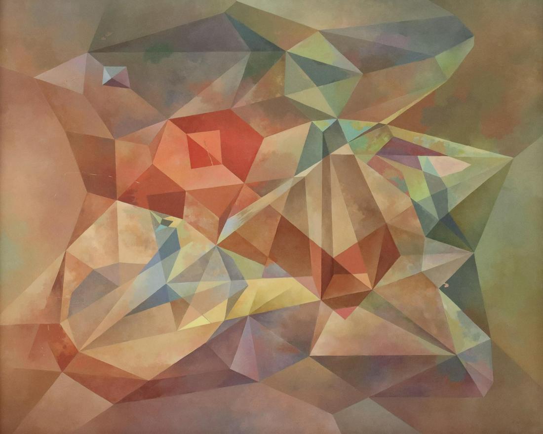 PAUL KELPE (D.1985) ABSTRACT CUBIST FORMS PAINTING: Framed oil on masonite painting, Abstract Cubist Forms, signed and dated lower right P. Kelpe '71 (Paul Kelpe, American, German, 1902-1985), further signed, dated, and numbered #5 verso, some paint lo