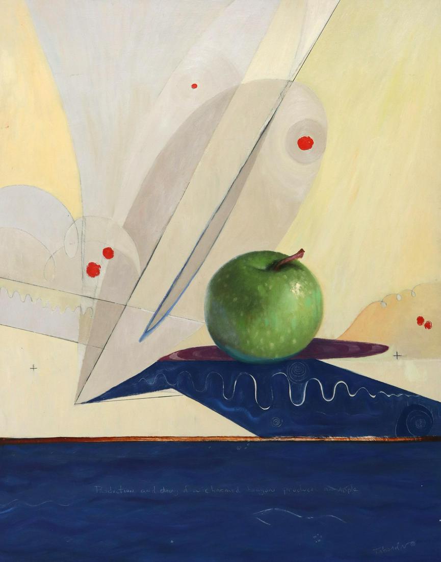PABLO TABOADA (D.2015) OIL PAINTING 60" X 48": Unframed oil painting on board, "Production and Decay of a Charmed Bayon(?) Produces an Apple" signed lower right Taboada (Pablo Cristian Taboada, Chile/ Texas,1955-2015), dated 2004, titled and signe