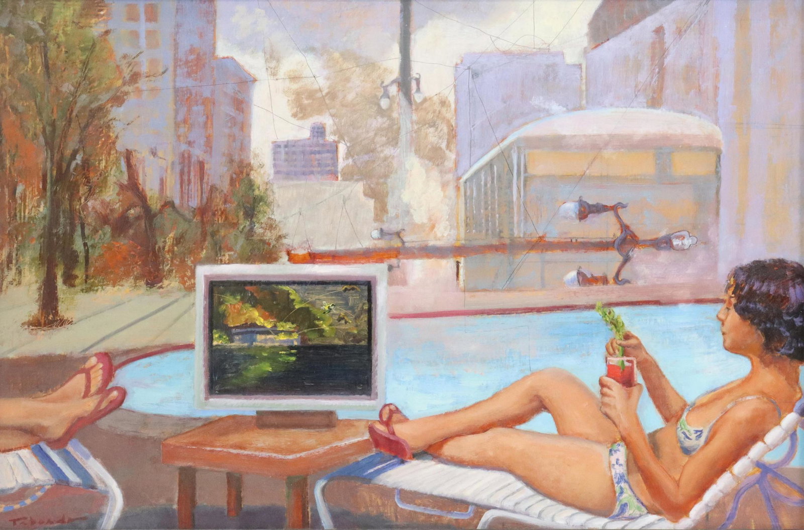 PABLO TABOADA (D.2015) 'BLOODY MARY' 20" X 29": Framed oil painting on board, "Bloody Mary," signed lower left Taboada (Pablo Cristian Taboada, Chile/ Texas,1955-2015), titled and signed again verso, sight: approx 19 3/8"h, 29 3/8"w, overall: appro