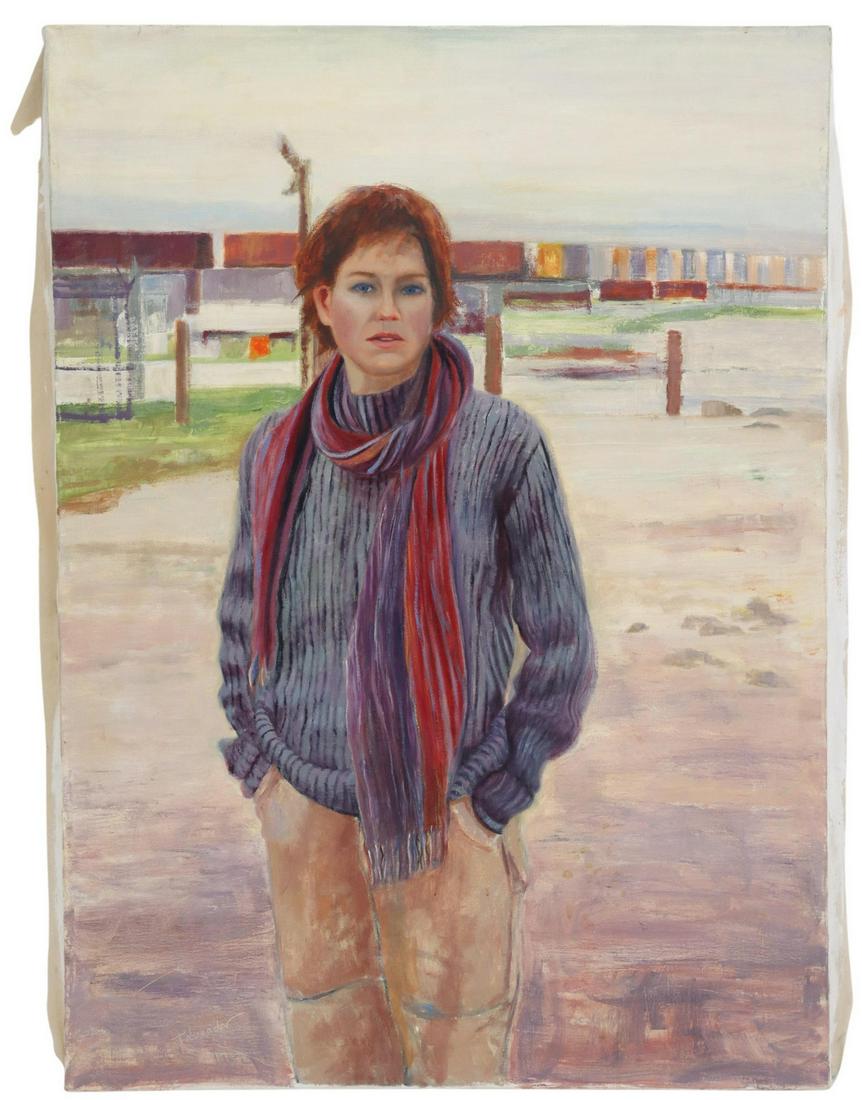 PABLO TABOADA (D.2015) WOMAN WITH SCARF 47"X33.75": Unframed oil painting on canvas, Woman with Scarf, signed lower left Taboada (Pablo Cristian Taboada, Chile/ Texas,1955-2015), approx 47"h, 33.75"w, 8.75lbs Start Price: $200.00