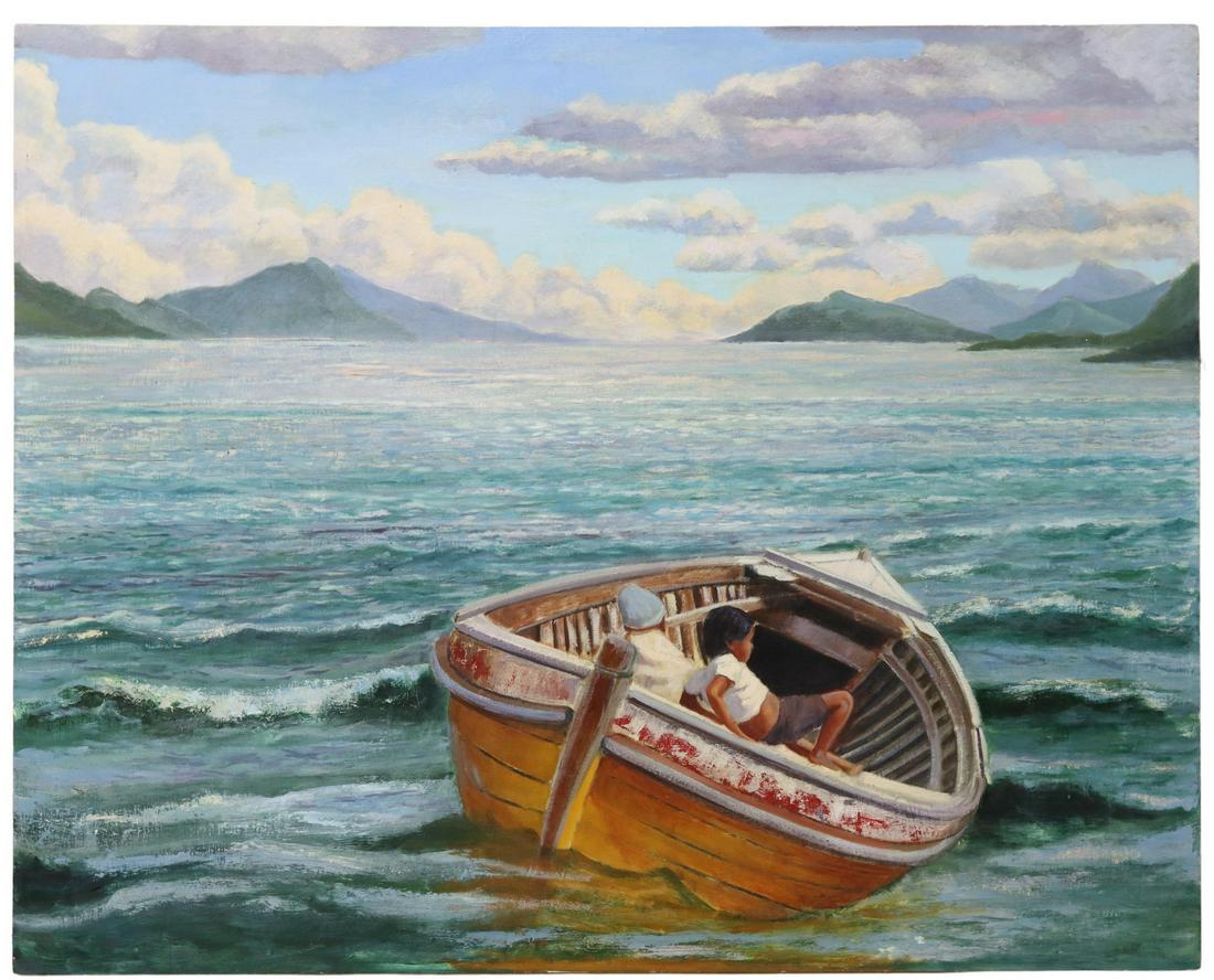 PABLO TABOADA (ATTR.) OIL PAINTING 48" X 60": Unframed oil on board painting, Boat on the Water, attributed to Pablo Taboada (Pablo Cristian Taboada, Chile/ Texas,1955-2015), apparently unsigned, approx 48"h, 60"w, 26lbs Start Price: $500.00