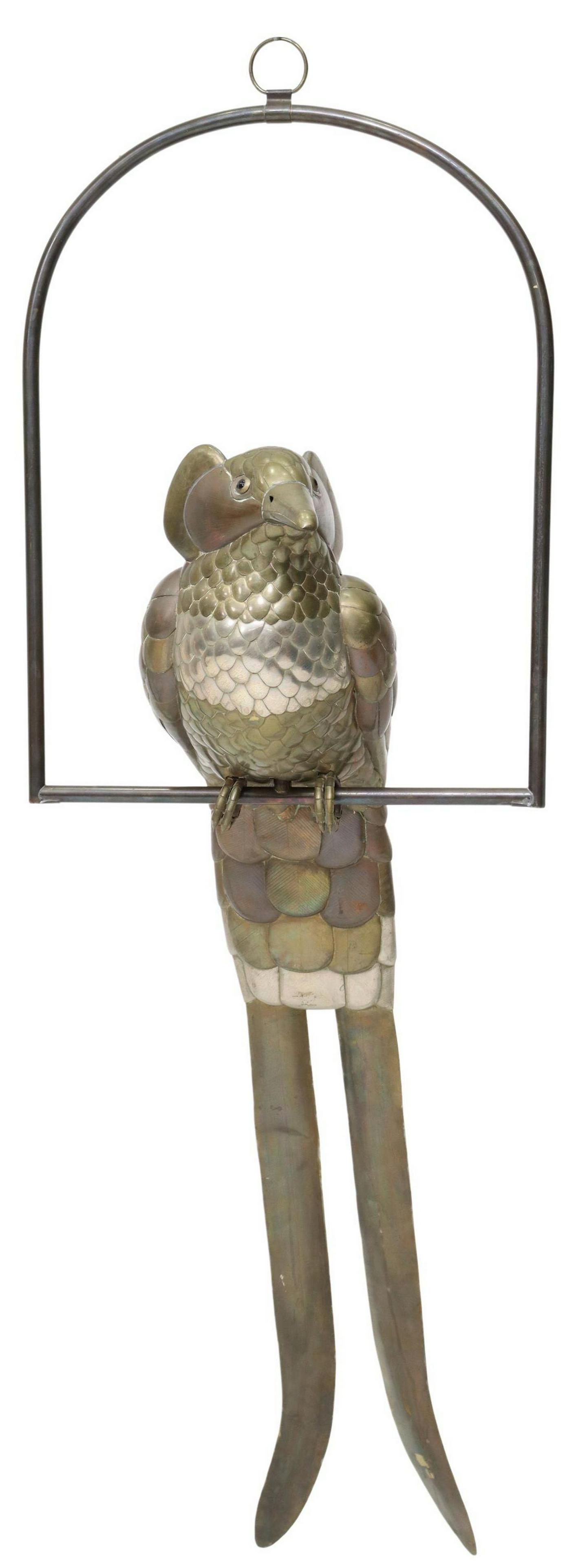 SERGIO BUSTAMANTE (ATTRIB) MIXED METAL BIRD PERCH: Large brass, copper, and silver-tone metal sculpture, Bird of Paradise on Perch, attributed to Sergio Bustamante (Mexican, b.1949), Tonala, Mexico, some denting, bird (head to end of tail feathers): a