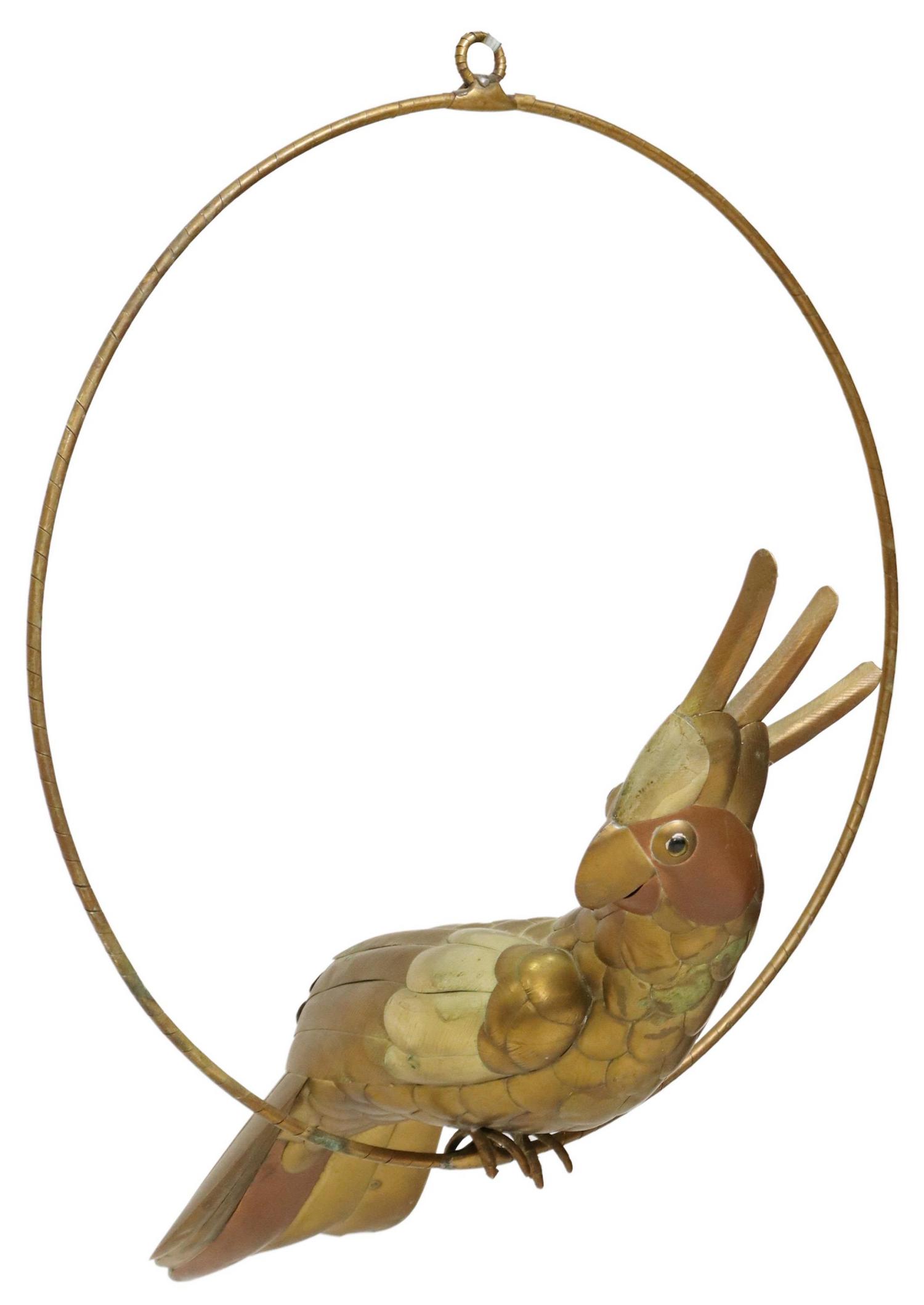 SERGIO BUSTAMANTE (ATTR.) MIXED METAL COCKATOO: Brass, copper, and silver-tone metal sculpture, Cockatoo on Perch, attributed to Sergio Bustamante (Mexican, b.1949), Tonala, Mexico, some denting, bird (head to end of tail feathers): approx 15.75"h,
