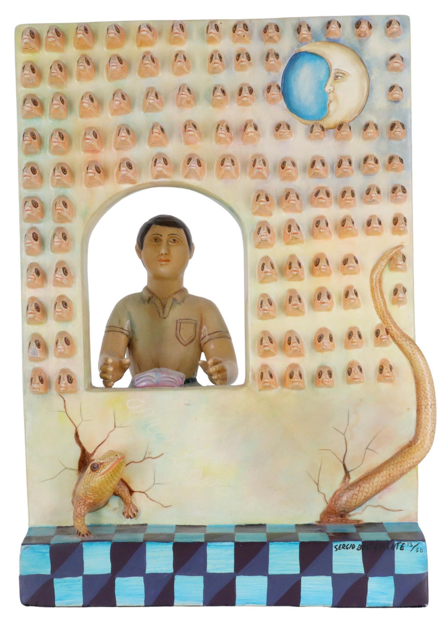 SERGIO BUSTAMANTE (B.1949) CERAMIC SCULPTURE: Surrealist style painted earthenware sculpture, Man at the Window, signed lower right Sergio Bustamante (Mexican, b.1949), Tonala, Mexico, numbered 13/50, depicting man seated at window, behind wall w
