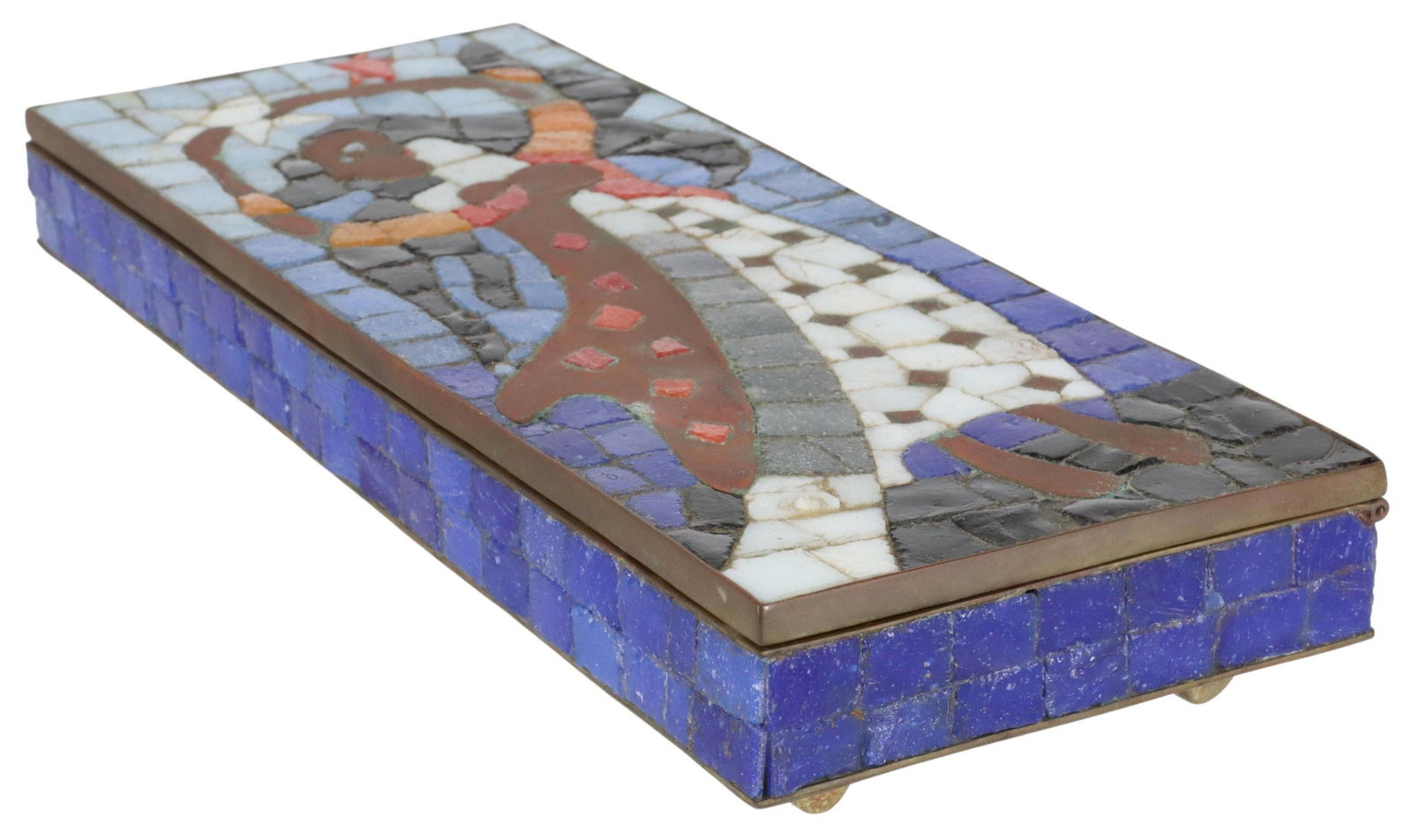SALVADOR TERAN (D.1974) BRASS & GLASS MOSAIC BOX: Mid-century modern mosaic brass box, Salvador Teran (Mexican, 1920-1974), glass tile and copper mosaic inlay, having hinged lid depicting abstract woman holding star, opening to brass interior, rising