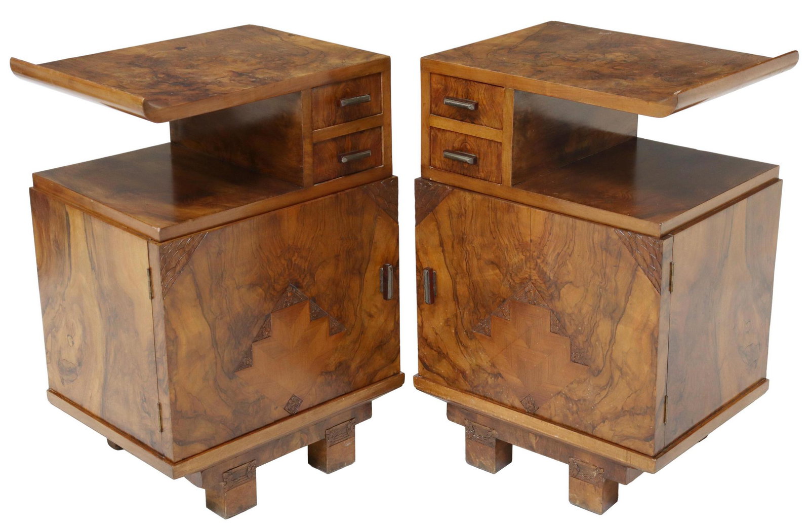 2) ITALIAN ART DECO BURLED WALNUT BEDSIDE CABINETS: (pair) Italian Art Deco burled walnut nightstands, c.1930s, having rectangular cantilever top, over two drawers and medial shelf, above single cabinet door with carved geometric motifs, opening to she