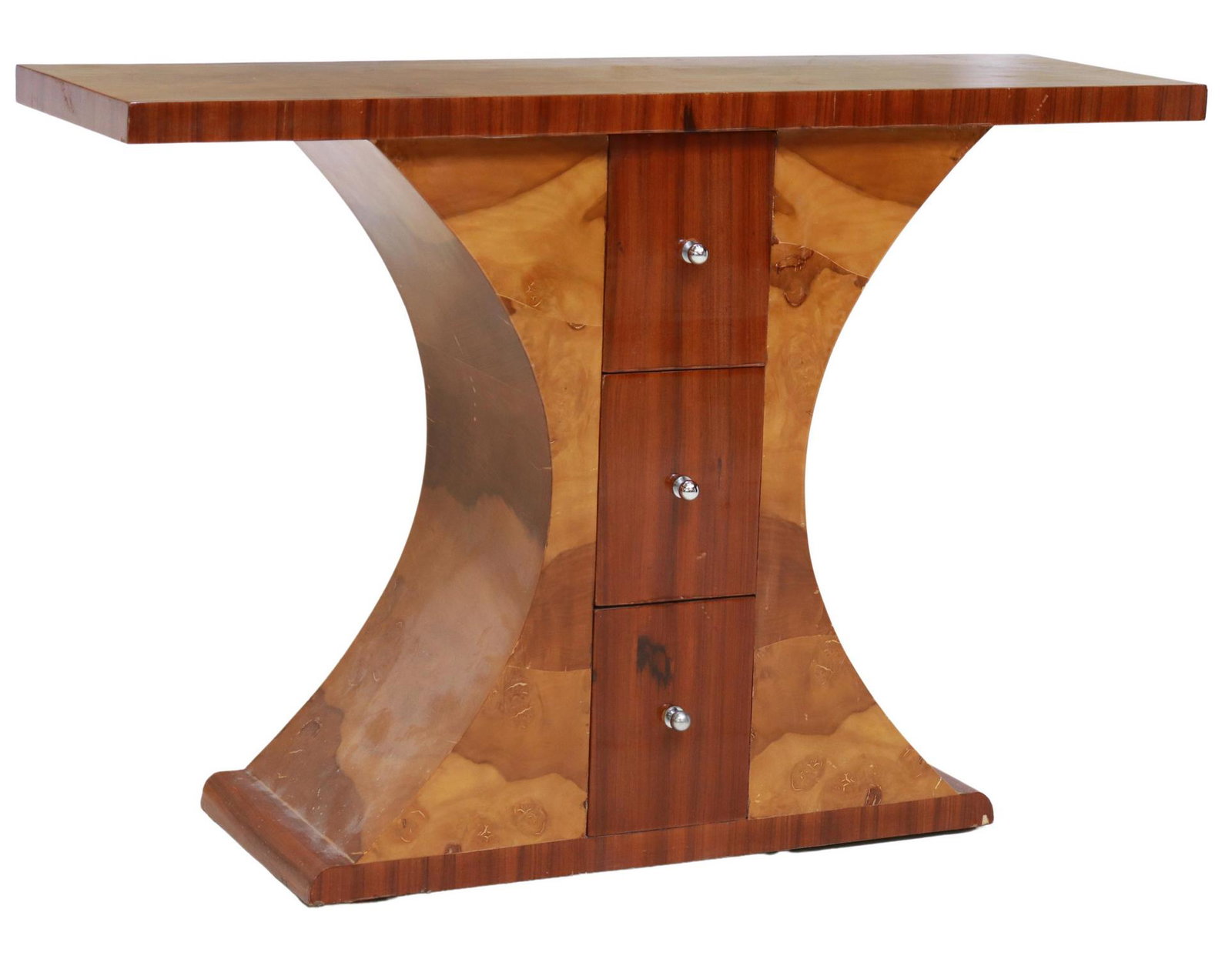ART DECO STYLE BURLWOOD CONSOLE TABLE: Art Deco style burlwood console table, 20th c., three drawers, rising on a sculptural pedestal base, approx 32"h, 47.25"w, 14"d **Provenance: from a high-end downtown Austin, Texas condo** Start Price