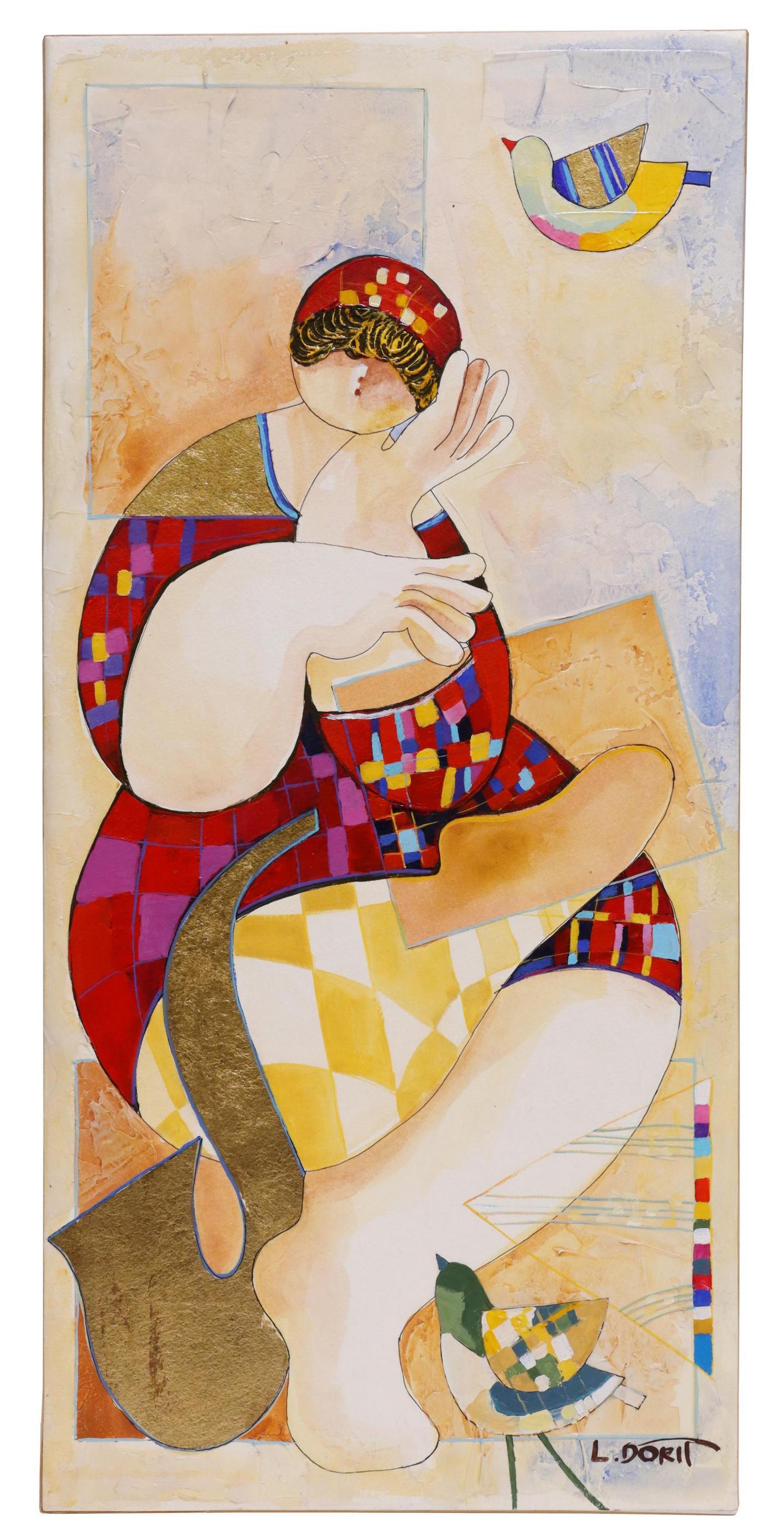DORIT LEVI (B.1952) MIXED MEDIA 'SAXOPHONIST': Mixed media painting on paper mounted to stretched canvas, "Saxophonist," signed lower right L. Dorit (Dorit Levi, Israel/ Uganda, b.1952), signed again and titled verso, approx 27 5/8"h, 13.25"w, 2lb