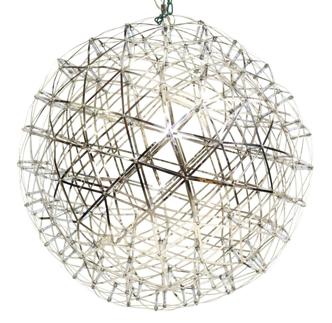 LARGE RAIMOND II STYLE STEEL GEODESIC CHANDELIER: Large modern steel pendant chandelier, in the style of the Raimond II LED fixture, original design by Raimond Puts (1937-2012) for Moooi, in the form of a geodesic dome, wired, approx 31.5"h, 31.5"w *