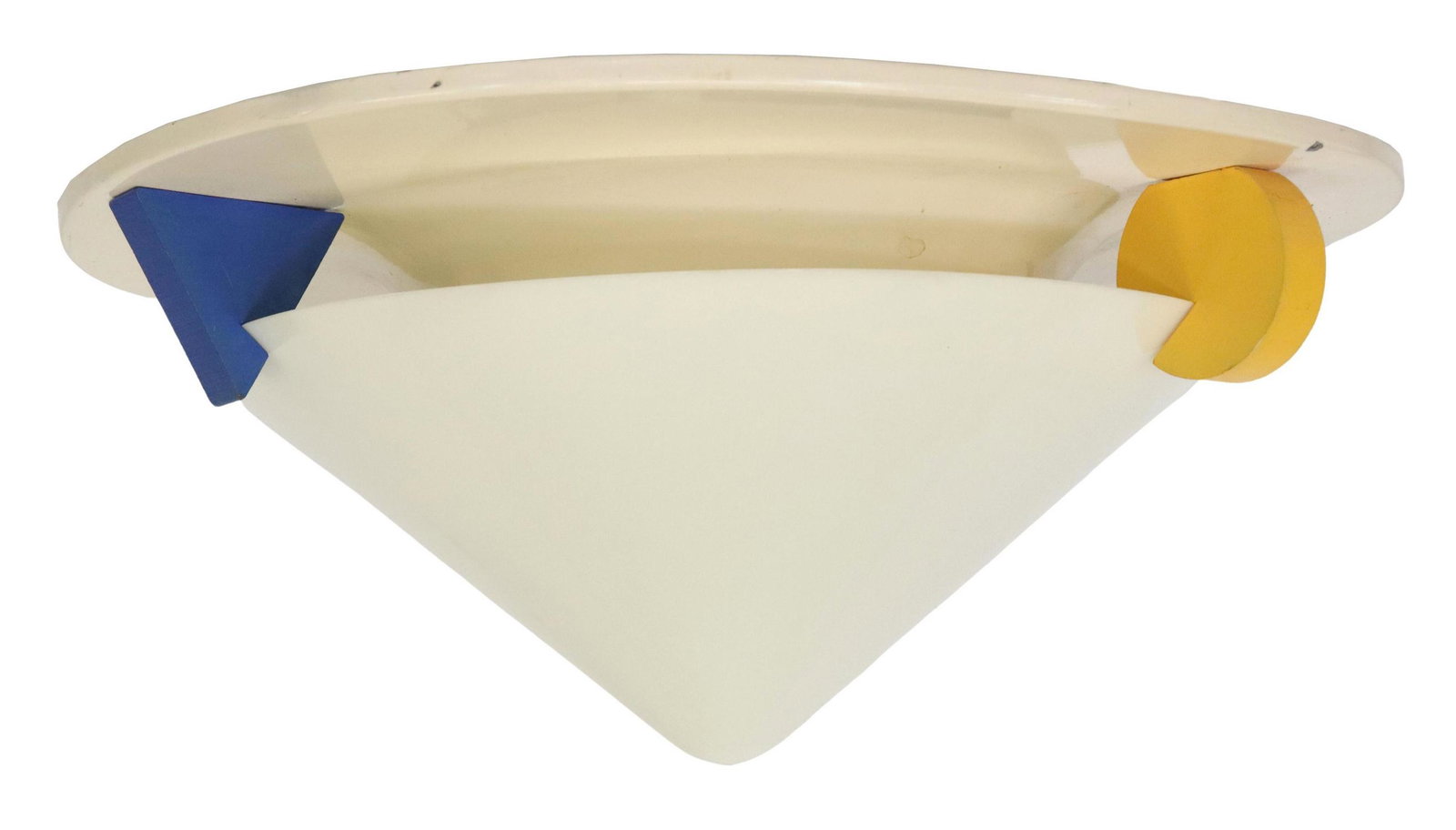 VINTAGE IKEA MEMPHIS STYLE TWO-LIGHT CEILING LAMP: Memphis style ceiling light, Ikea, c.1980s-1990s, enameled steel ceiling mount, two light sockets, plastic dome supported by geometric shapes painted in primary colors, some abrasions, wear, approx 17