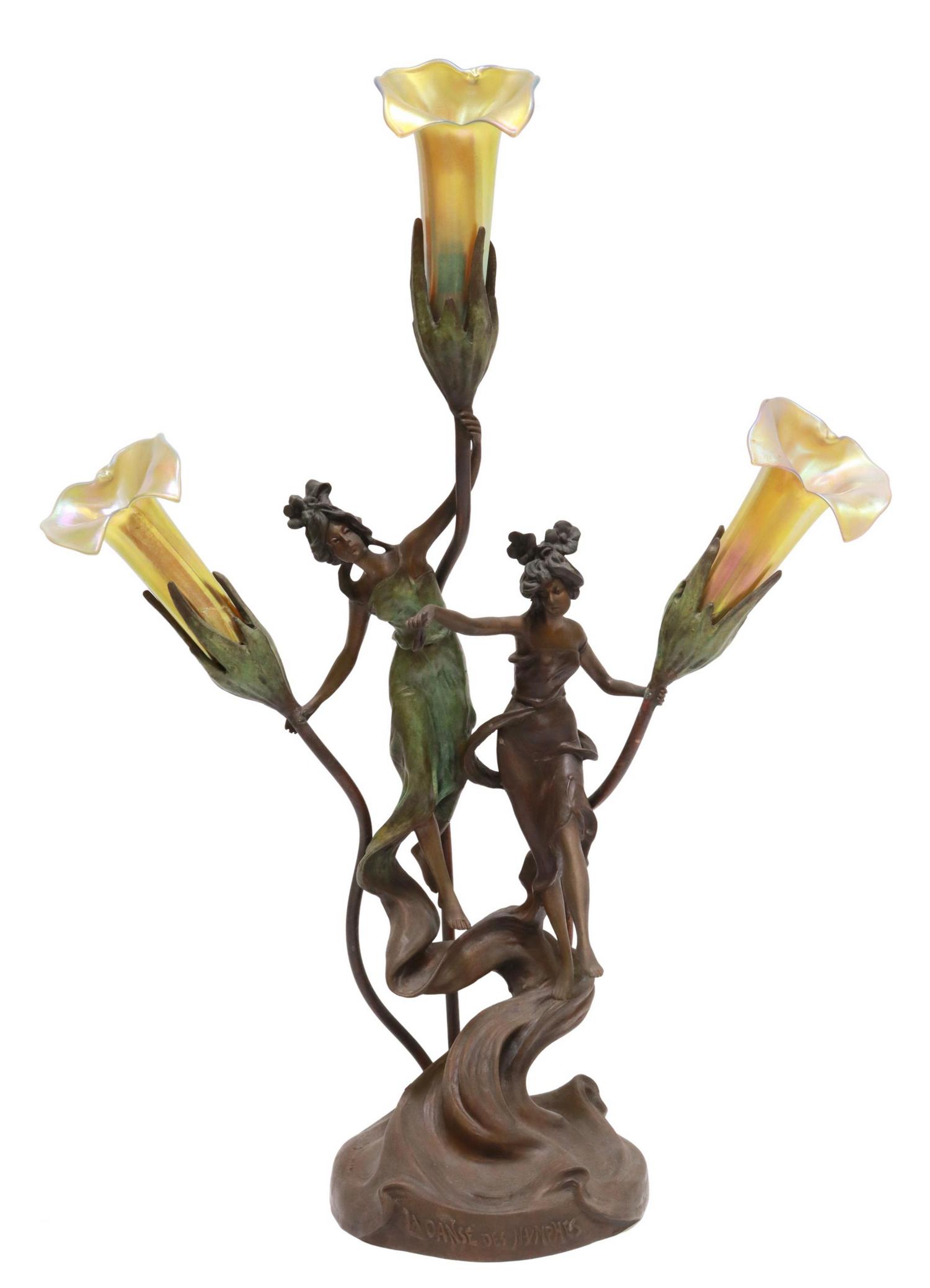 ART NOUVEAU STYLE DANSE DES NYMPHES LAMP: Art Nouveau style three-light lamp, "La Danse des Nymphes," signed in cast after A. Moreau (Auguste Moreau, French, 1834-1917), iridescent art glass lily-form shades signed ROP (?), figural base in a