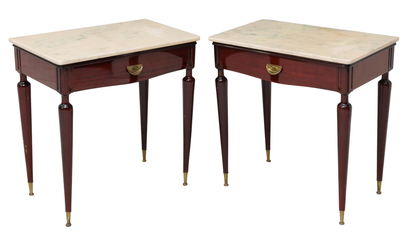 2) ITALIAN MID-CENTURY MODERN MAHOGANY NIGHTSTANDS: (pair) Italian mid-century modern mahogany nightstands, c.1950s, having marble top, over single drawer with gilt metal pull, rising on tapered legs, ending on capped feet, approx 23.75"h, 22.75"w, 13.