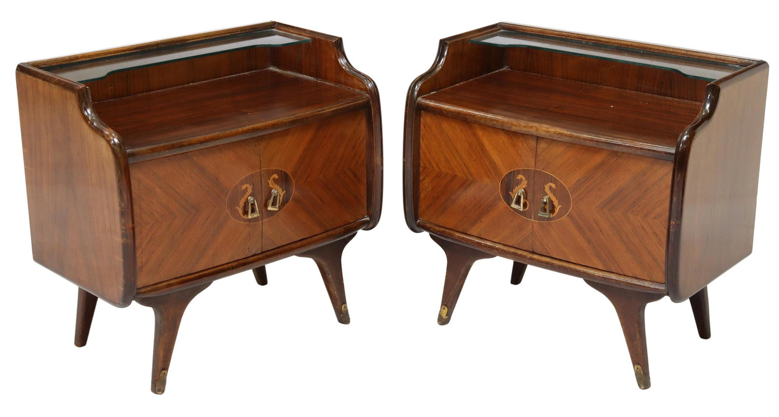 2) ITALIAN MID-CENTURY MODERN ROSEWOOD NIGHTSTANDS: (pair) Italian mid-century modern rosewood bedside cabinets, c.1950s, top glass shelf, over dual door cabinet, faced with foliate marquetry, rising on tapered legs, approx 23.25"h, 24 1/8"w, 14"d Star