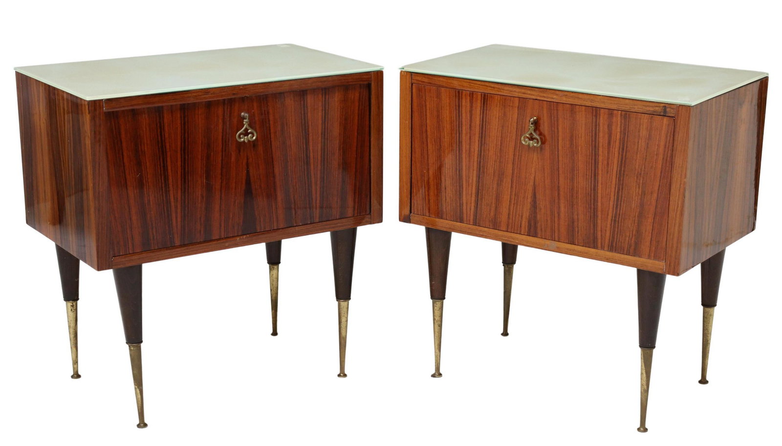 2) ITALIAN MID-CENTURY MODERN ROSEWOOD NIGHTSTANDS: (pair) Italian mid-century modern rosewood nightstands, c.1950s, having reverse painted glass top, above single drop front door, ending in tapered metal legs, approx 21"h, 19.75"w, 12"d Start Price: $