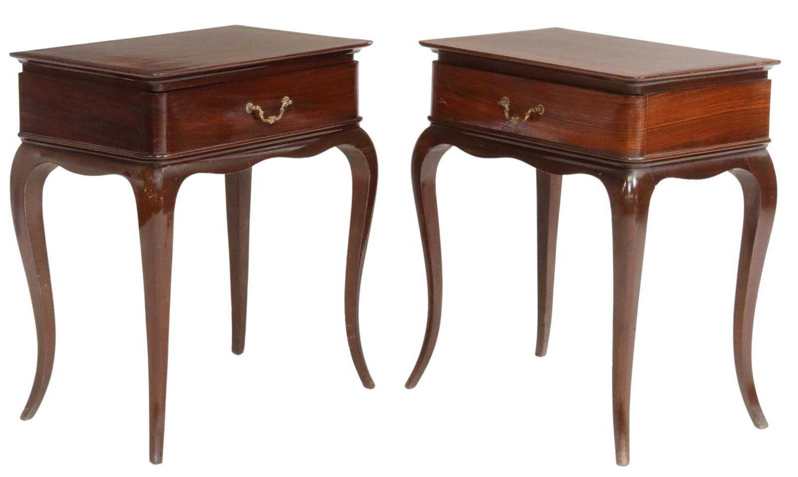 (2) ITALIAN MODERN ROSEWOOD 1-DRAWER NIGHTSTANDS: (pair) Italian modern rosewood nightstands, c.1950s, having rounded rectangular top, over single drawer, rising on cabriole legs, approx 25"h, 21"w, 14"d Start Price: $200.00