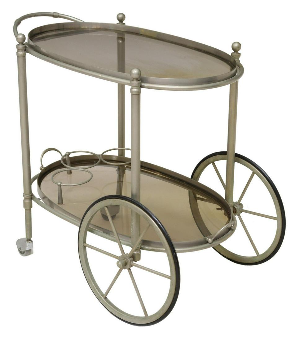 ITALIAN TWO-TIER METAL & GLASS TRAY-TOP BAR CART: Italian two-tier bar /service cart, 20th c., having silver-tone metal frame, with two removable colorless glass tiers, lower tier with three bottle holder rings, on large spoked wheels, approx 25"h, 2