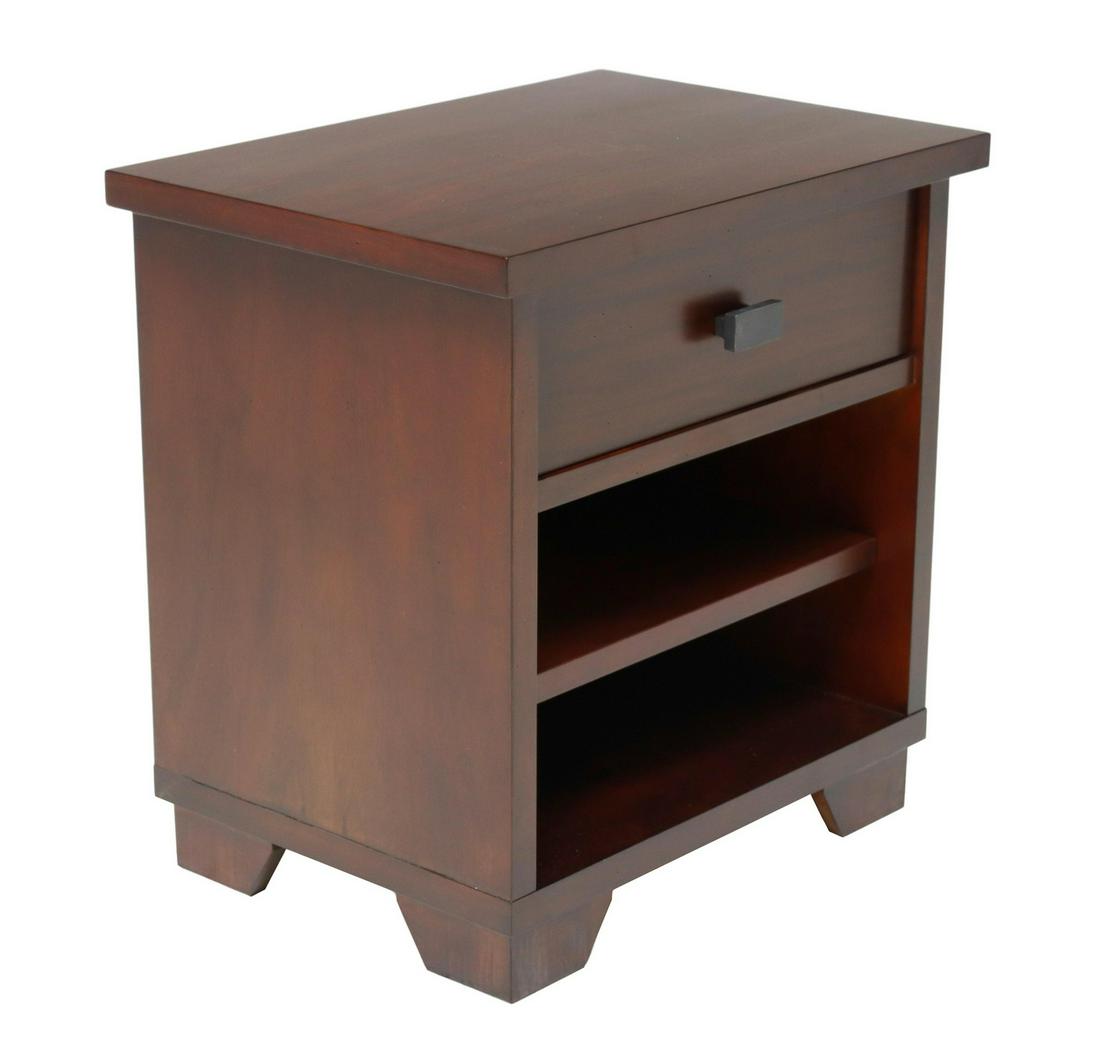 MAHOGANY NIGHTSTAND DRAWER & OPEN SHELVES: Mahogany nightstand, 21st c., having top drawer, over two open shelves, rising on bracket feet, approx 24.25"h, 23.75"w, 17"d **Provenance: from a high-end downtown Austin, Texas condo** Start Price: 