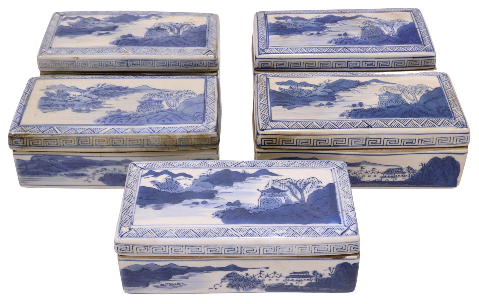 (5) CHINESE BLUE & WHITE PORCELAIN BRUSH BOXES: (lot of 5) Chinese blue and white porcelain rectangular brush boxes, having mountain temple landscapes, meander trim, dual compartments to interior, marked Made in China under lid, approx 2.5"h, 7.5"w