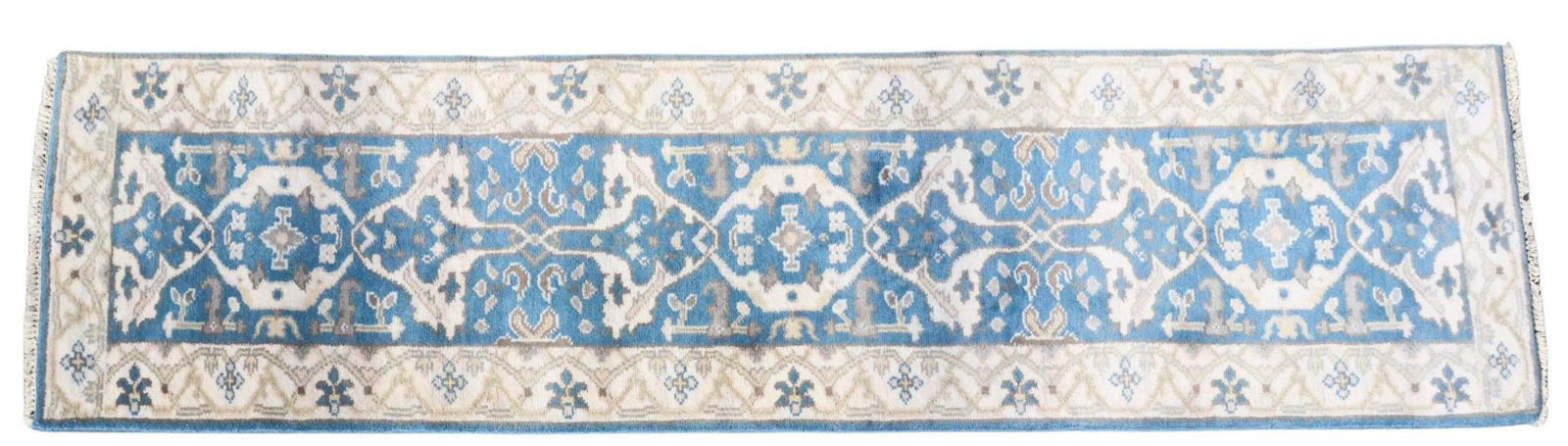 HAND-TIED INDO-OUSHAK RUNNER, 9'9.25" X 2'7.25": Hand-tied Indo-Oushak runner, approx 9'9.25"l, 2'7.25"w **Please Note: All of the rugs offered in this auction would likely benefit from a professional cleaning. Estate rugs may show some wear and imp