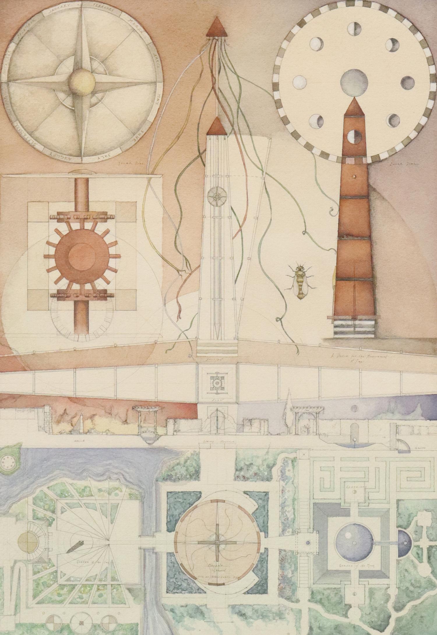 QUEVEDO (20TH C.) SURREALIST WATERCOLOR PAINTING: Framed watercolor painting on paper, "A Proposal for a Ritualistic Ambulant Gnomen," signed lower right Quevedo (20th c.), dated 1.15.98, sheet: approx 30"h, 22.5"w, overall: 36.5"h, 28.5"w, 13lbs Sta