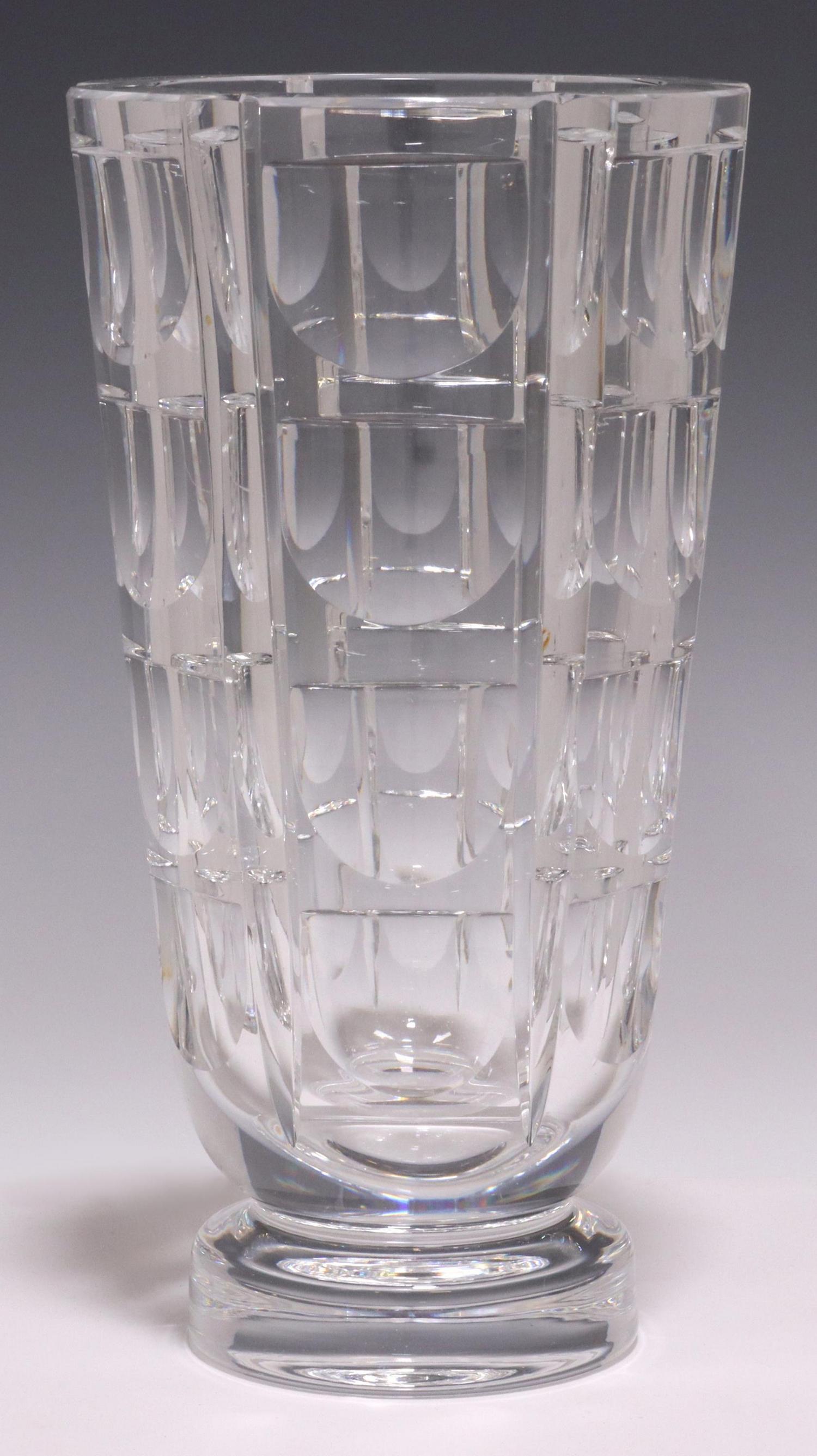ORREFORS 'THOUSAND WINDOWS' CUT CRYSTAL VASE: Orrefors cut crystal vase, in the Thousand Windows pattern, designed by Simon Gate (Sweden, 1883-1945), signed and numbered underfoot, approx 7.75"h, 4"diam, 3.75lbs total Start Price: $40.00