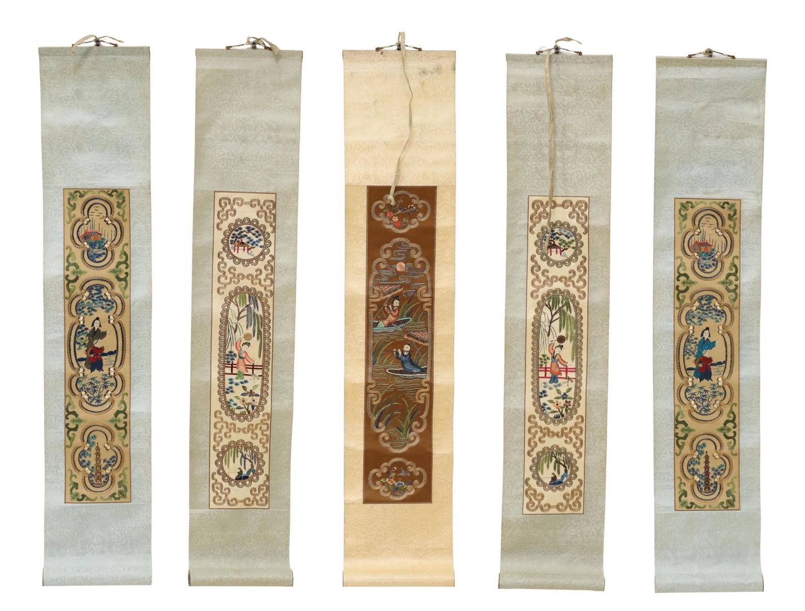(5) CHINESE SILK EMBROIDERED SCROLLS: (lot of 5) Chinese embroidered scrolls, depicting mother with child, beauties in gardens, flute players in boats, approx 30.75"l, 6.25"w; 1lbs total Start Price: $100.00