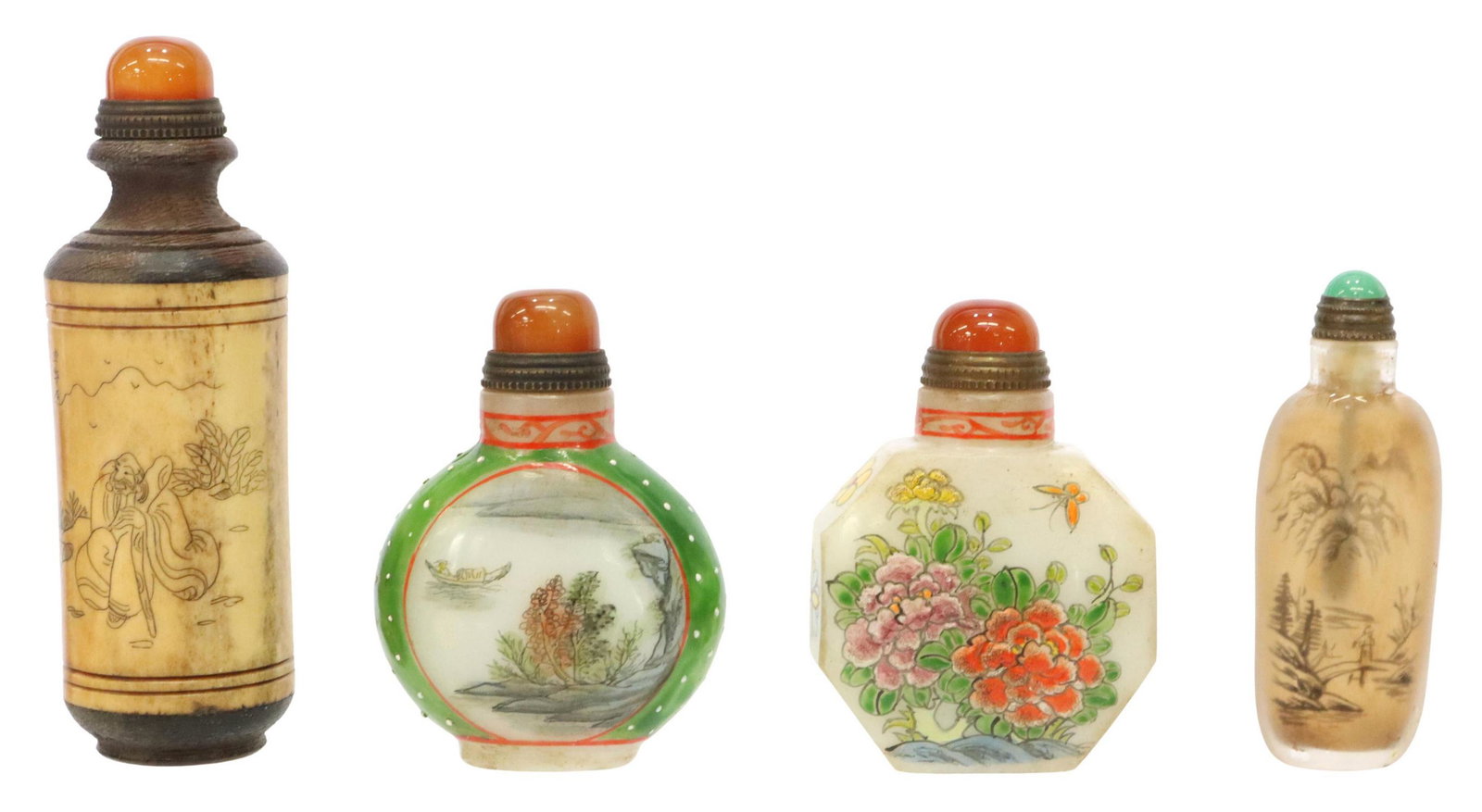 (4) CHINESE PAINTED GLASS & BONE SNUFF BOTTLES: (lot of 4) Chinese snuff bottles, all with stone stoppers, including: (3) painted glass bottles, each with honorific marks, (one) having painted nature scenes at front and back, dotted enamel trim, ap