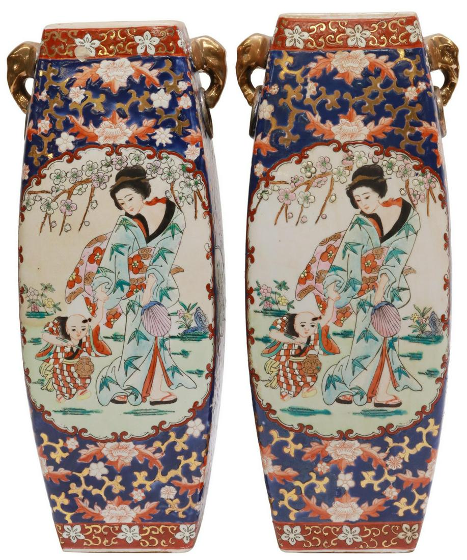 (2) CHINESE ENAMELED PORCELAIN VASES: (pair) Chinese enameled porcelain vases, having square bow-bodied form, gilt elephant head handles, figural reserves depicting a woman walking with a small boy, honorific mark underfoot, approx 16"h, 