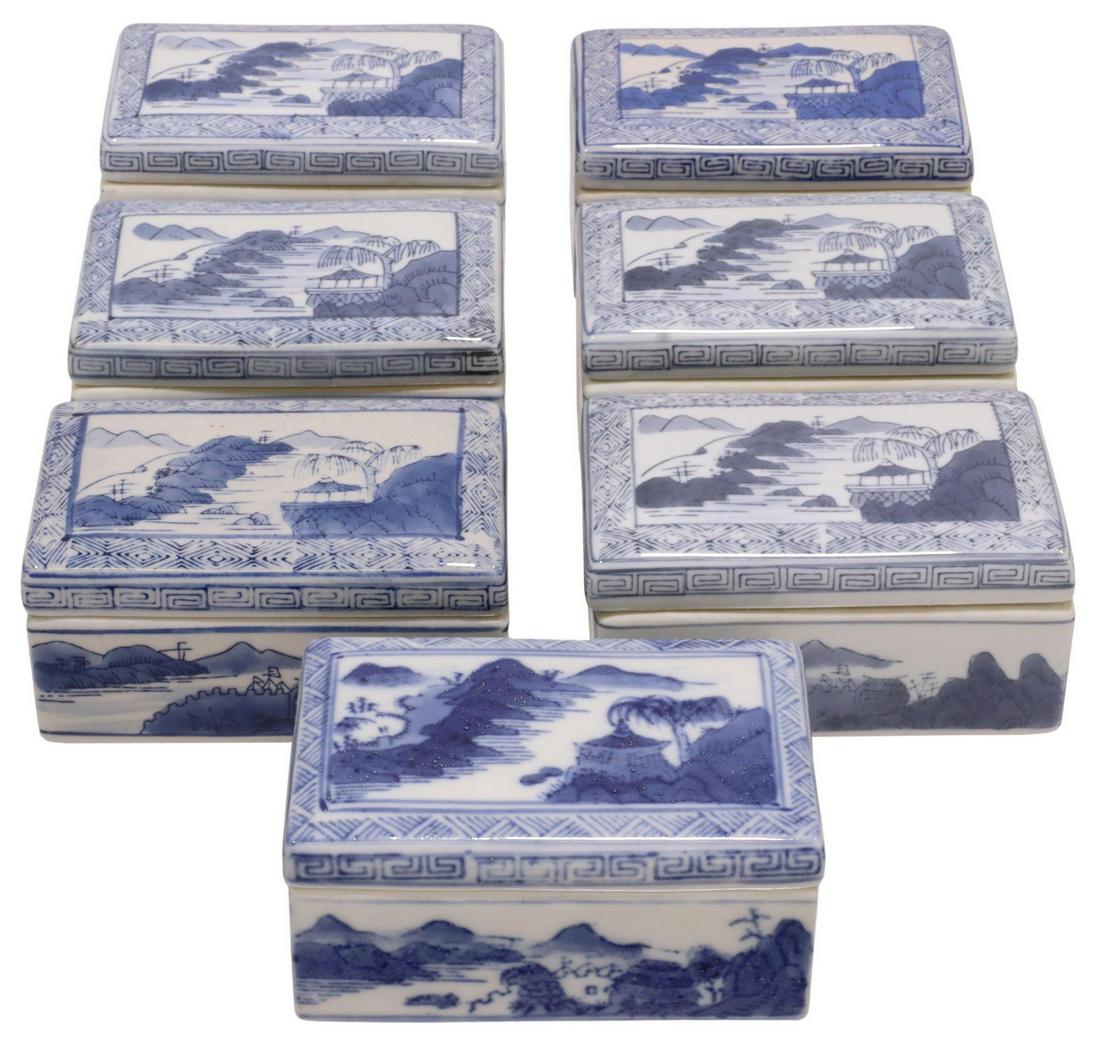 (7) CHINESE BLUE & WHITE PORCELAIN BRUSH BOXES: (lot of 7) Chinese blue and white porcelain rectangular brush boxes, similarly styled, featuring mountain temple landscapes, most with honorific mark under lid, approx 2.25"h, 4.75"w, 3.5"d, 8.6lbs to