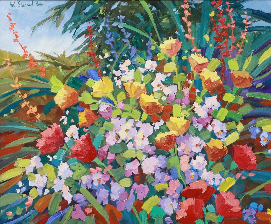 JAN SHEPARD-BAIN (B.1936) 'FLORAL SYMPHONY #2': Framed oil on canvas painting, "Floral Symphony #2," signed upper left Jan Shepard-Bain (American, b.1936), titled verso, sight: approx 19.5"h, 23.25"w, overall: approx 30.5"h, 34.25"w, 9lbs Start Pri