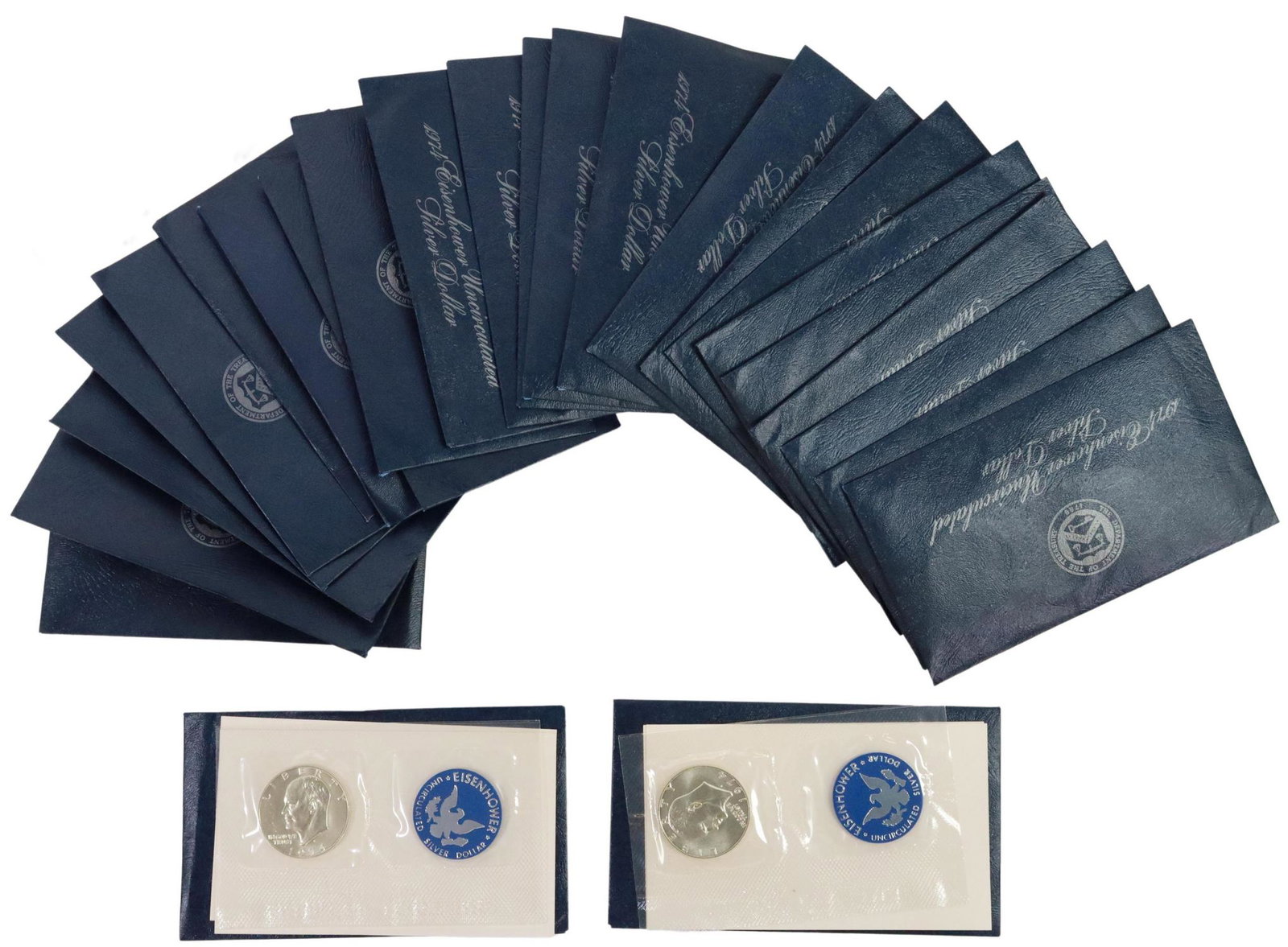 (25) US 1974 UNCIRC. EISENHOWER 40% SILVER DOLLARS: (lot of 25) U.S. 1974 Uncirculated Eisenhower 40% silver clad dollars in original sealed U.S. Mint packaging **PLEASE NOTE: ALL coin / currency purchases totaling $300 or more MUST BE PAID BY CASH OR 