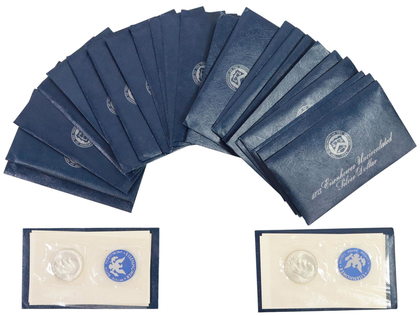 (23) U.S. 1973 'S' EISENHOWER 40% SILVER DOLLARS: (lot of 23) U.S. 1973S Eisenhower 40% uncirculated silver dollars in original sealed U.S. mint packaging **PLEASE NOTE: ALL coin / currency purchases totaling $300 or more MUST BE PAID BY CASH OR BANK