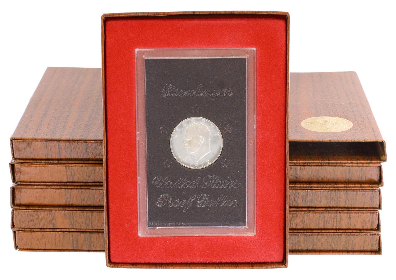 (10) U.S. EISENHOWER, 1972 PROOF DOLLARS: (lot of 10) U.S. Eisenhower Proof Dollars, 1972, housed in US Mint brpwm packaging, for shipping each package is approx. 7.5"h, 5.5"w, .5"d, total: 4lbs **PLEASE NOTE: ALL coin / currency purchases to