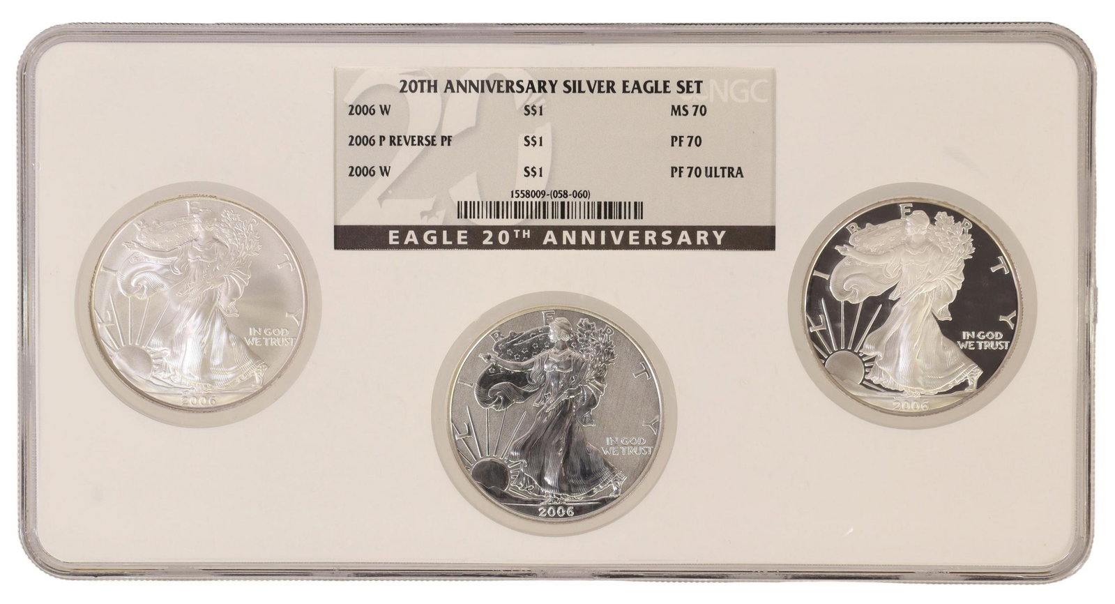 (3) NGC 2006 SILVER EAGLES MS70, PF70, PF70 ULTRA: (lot of 3 coins) NGC graded 2006 20th Anniversary Silver Eagle dollar set housed in sealed slab, includes: (1) W, PF70 Ultra, (1) P Reverse, PF70; (1) W, MS870 **PLEASE NOTE: ALL coin / currency purch