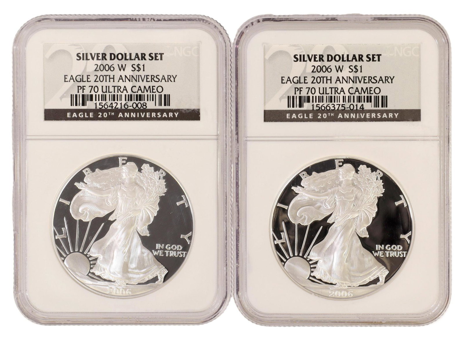 (2) NGC 2006W SILVER EAGLES, PF70 ULTRA CAMEO: (lot of 2) NGC graded 2006W 20th Anniversary Silver Eagle dollar housed in sealed slabs, both graded PF 70 Ultra Cameo **PLEASE NOTE: ALL coin / currency purchases totaling $300 or more MUST BE PAID B