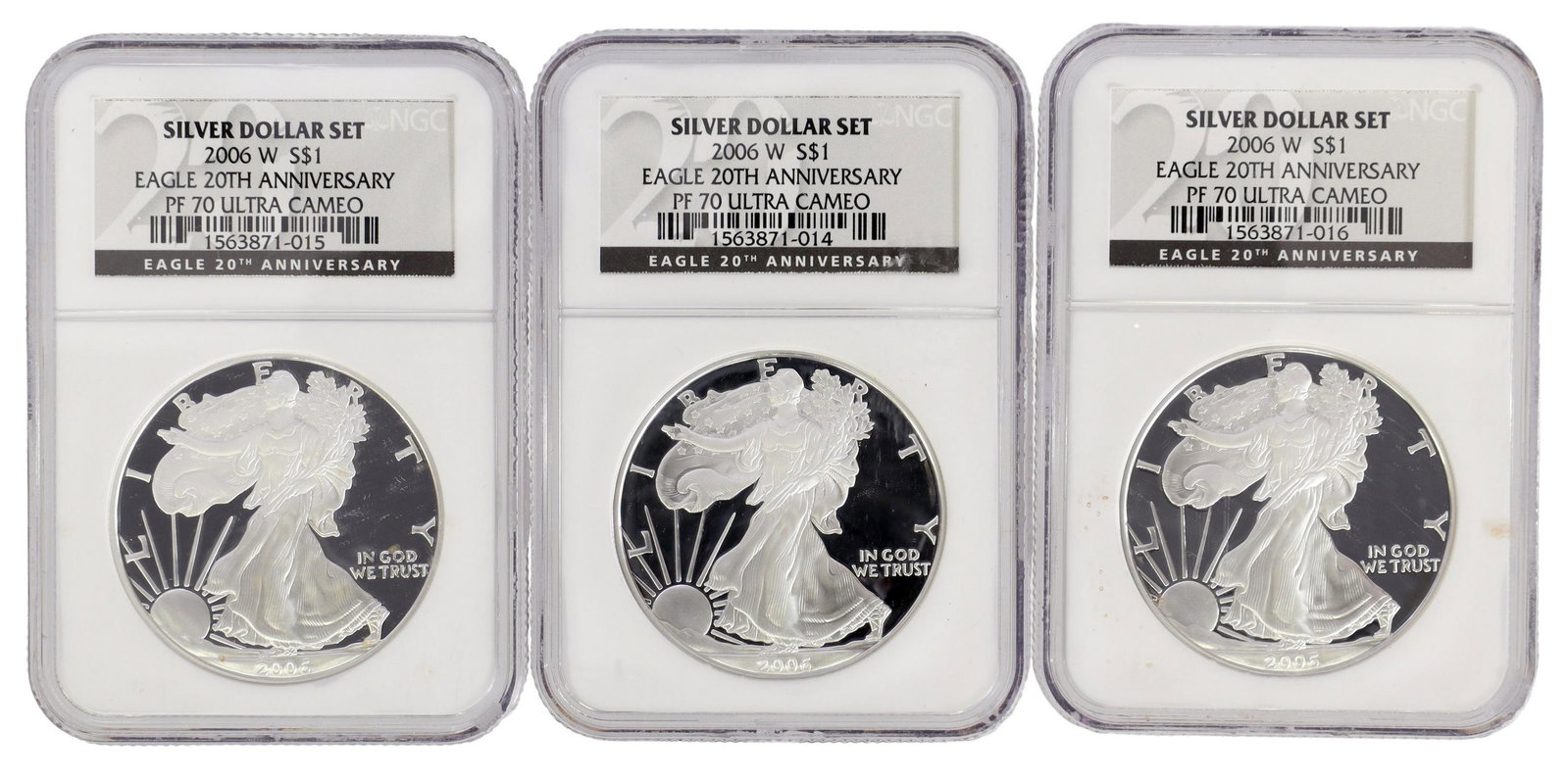 (3) NGC 2006W SILVER EAGLES, PF70 ULTRA CAMEO: (lot of 2) NGC graded 2006W 20th Anniversary Silver Eagle dollar housed in sealed slabs, both graded PF 70 Ultra Cameo **PLEASE NOTE: ALL coin / currency purchases totaling $300 or more MUST BE PAID B