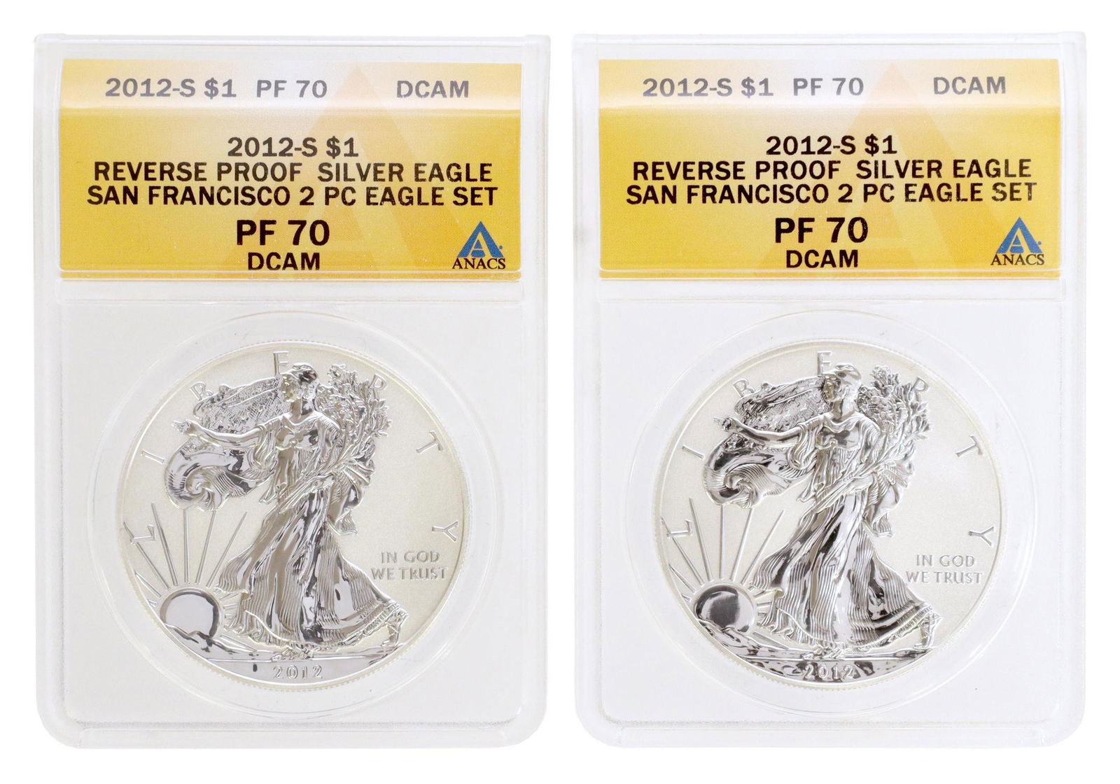 (2) US 2012S REVERSE PROOF SILVER EAGLES PF70 DCAM: (lot of 2) U.S. 2012-S Reverse Proof $1 Silver eagle, San Francisco, ANACS graded PF 70 DCAM **PLEASE NOTE: ALL coin / currency purchases totaling $300 or more MUST BE PAID BY CASH OR BANK WIRE. NO cr