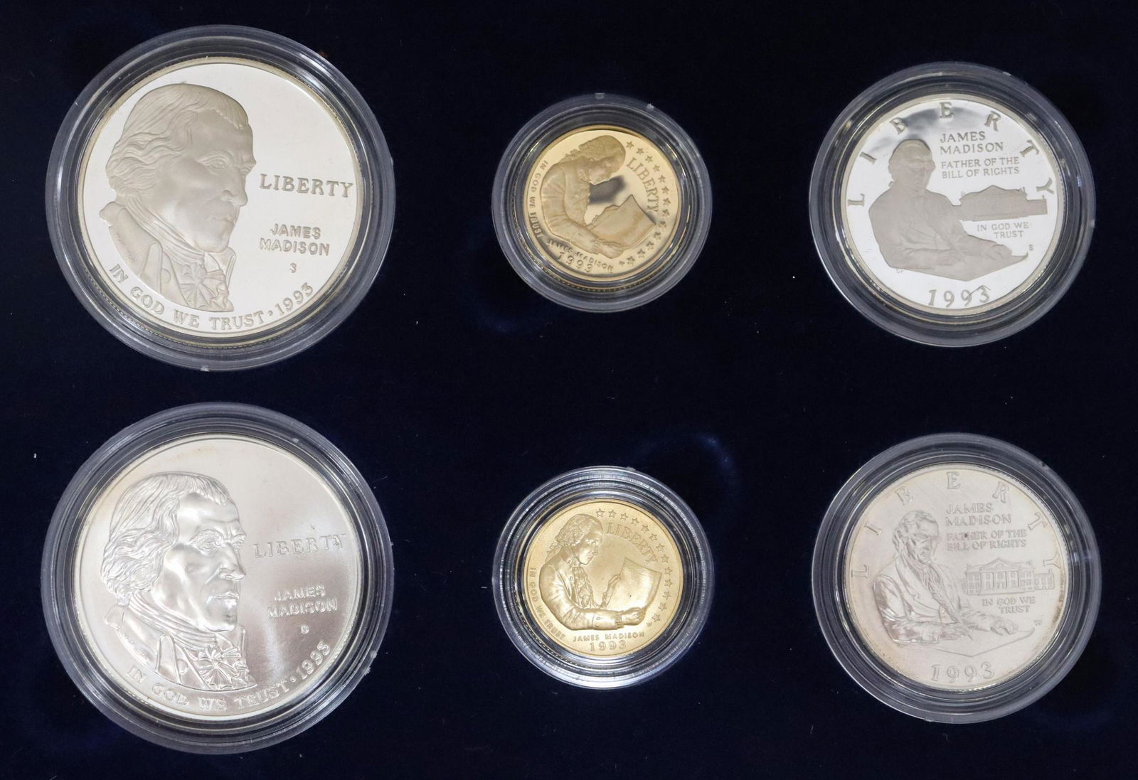 US MINT 1993 BILL OF RIGHTS SET, TWO $5 GOLD COINS: U.S. Mint 1993 Bill of Rights Commemorative Coins Set, six coins including two $5 gold coins, each 90% gold (.24ozt), two James Madison 90% silver dollars and two Madison 90% silver half dollars, hous