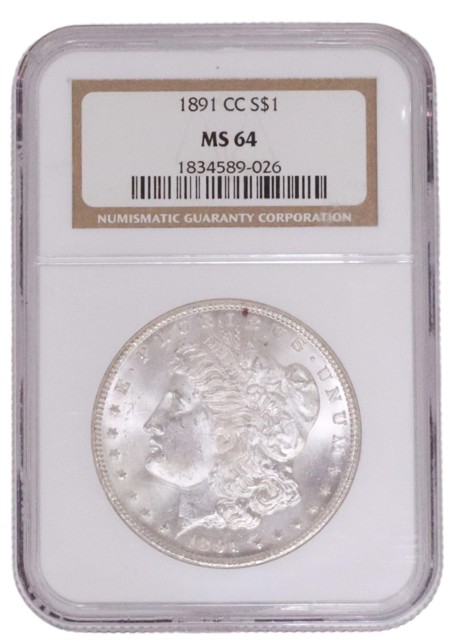 U.S. MORGAN CARSON CITY SILVER DOLLAR, NGC MS 64: US Morgan 1891 Carson City silver dollar in plastic slab, NGC 64 **PLEASE NOTE: ALL coin / currency purchases totaling $300 or more MUST BE PAID BY CASH OR BANK WIRE. NO credit card payments accepted*