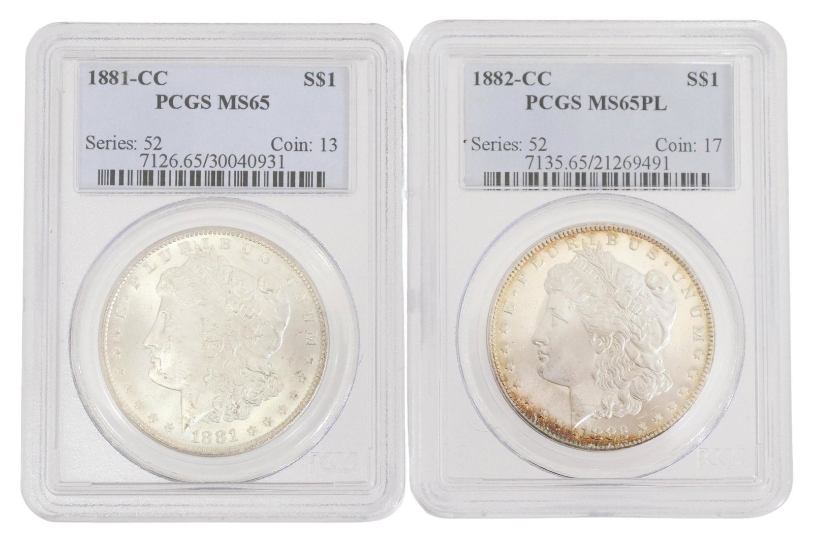 (2) US CARSON CITY SILVER DOLLARS 1881 &1882, MS65: (lot of 2) US Carson City Silver Dollars, both graded by PCGS, housed in plastic slabs: (1) 1881-CC, MS 65; (1) 1882-CC. MS 65PL **PLEASE NOTE: ALL coin / currency purchases totaling $300 or more MUST