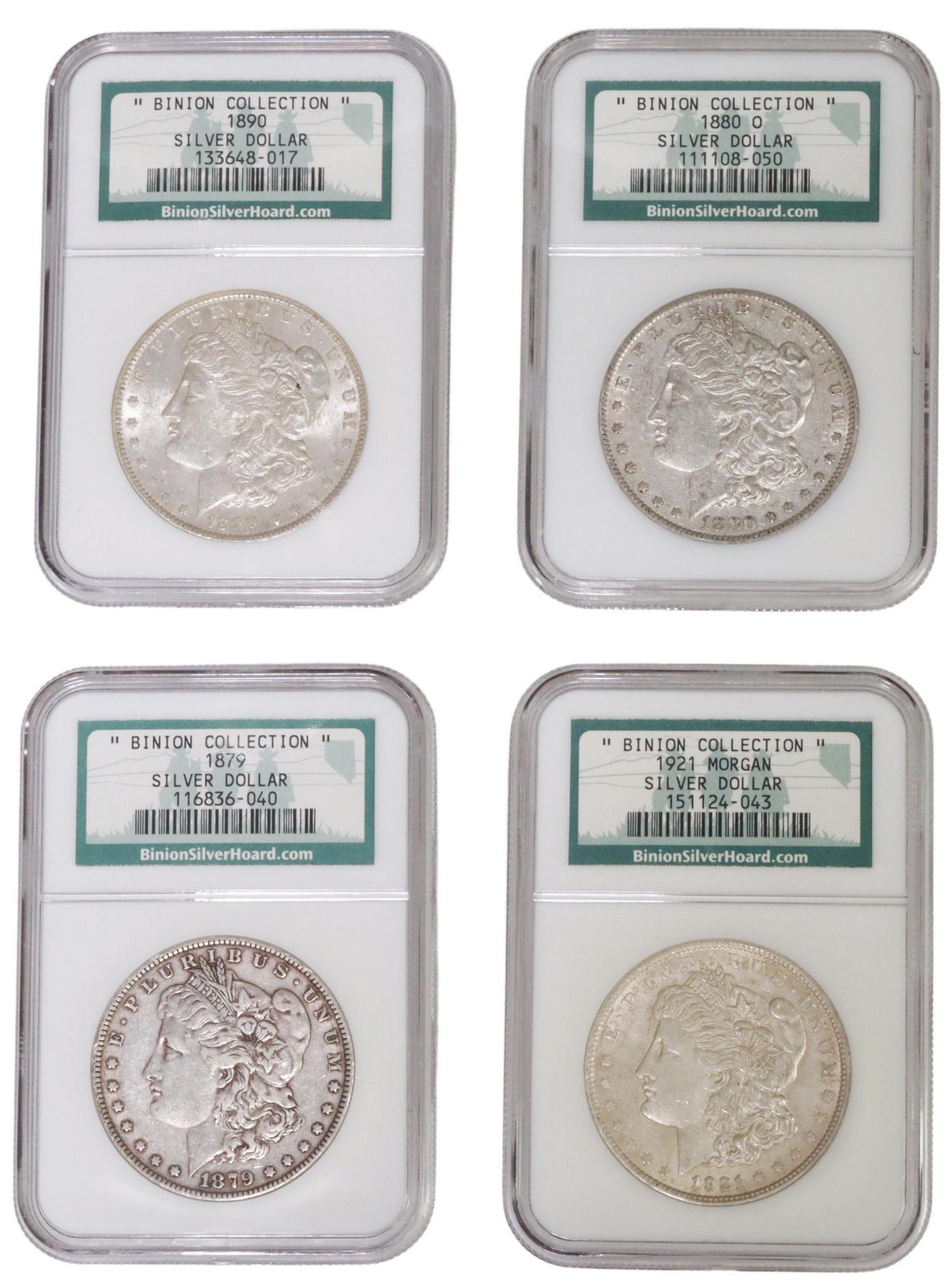 (4) BINION HOARD MORGAN SILVER DOLLARS, NGC: (lot of 4) U.S. Morgan Silver dollars from the"Binion Silver Hoard", each sealed in NGC plastic slabs (not graded), includes: 1879, 1880'O'; 1890, 1921, housed in presentation box with COA **PLEASE NO