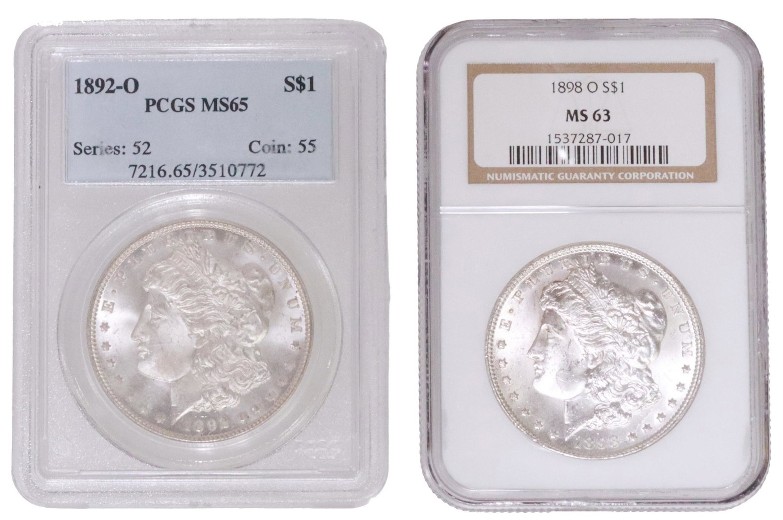 (2) US MORGAN SILVER DOLLARS, MS 65 & MS 63: (lot of 2) US Morgan graded silver dollars in plastic slabs: (1) 1892-O, PCGS MS 65; (1) 1898-O, NGC MS 63 **PLEASE NOTE: ALL coin / currency purchases totaling $300 or more MUST BE PAID BY CASH OR BA