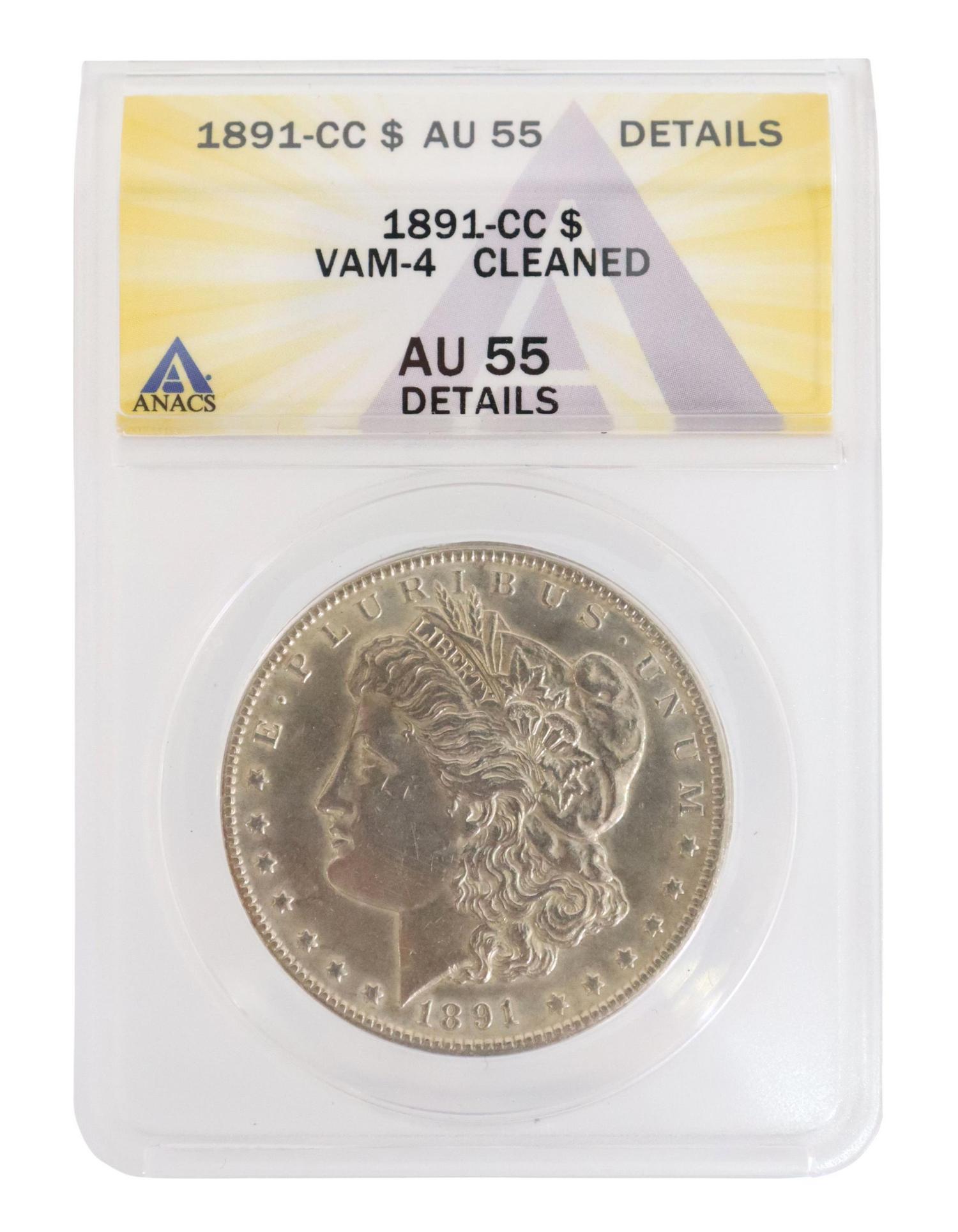 MORGAN CARSON CITY DOLLAR, CLEANED,AU-55, ANACS: 1891 Carson City Morgan Silver Dollar, ANACS graded, VAM-4, AU-55, Cleaned **PLEASE NOTE: ALL coin / currency purchases totaling $300 or more MUST BE PAID BY CASH OR BANK WIRE. NO credit card payments
