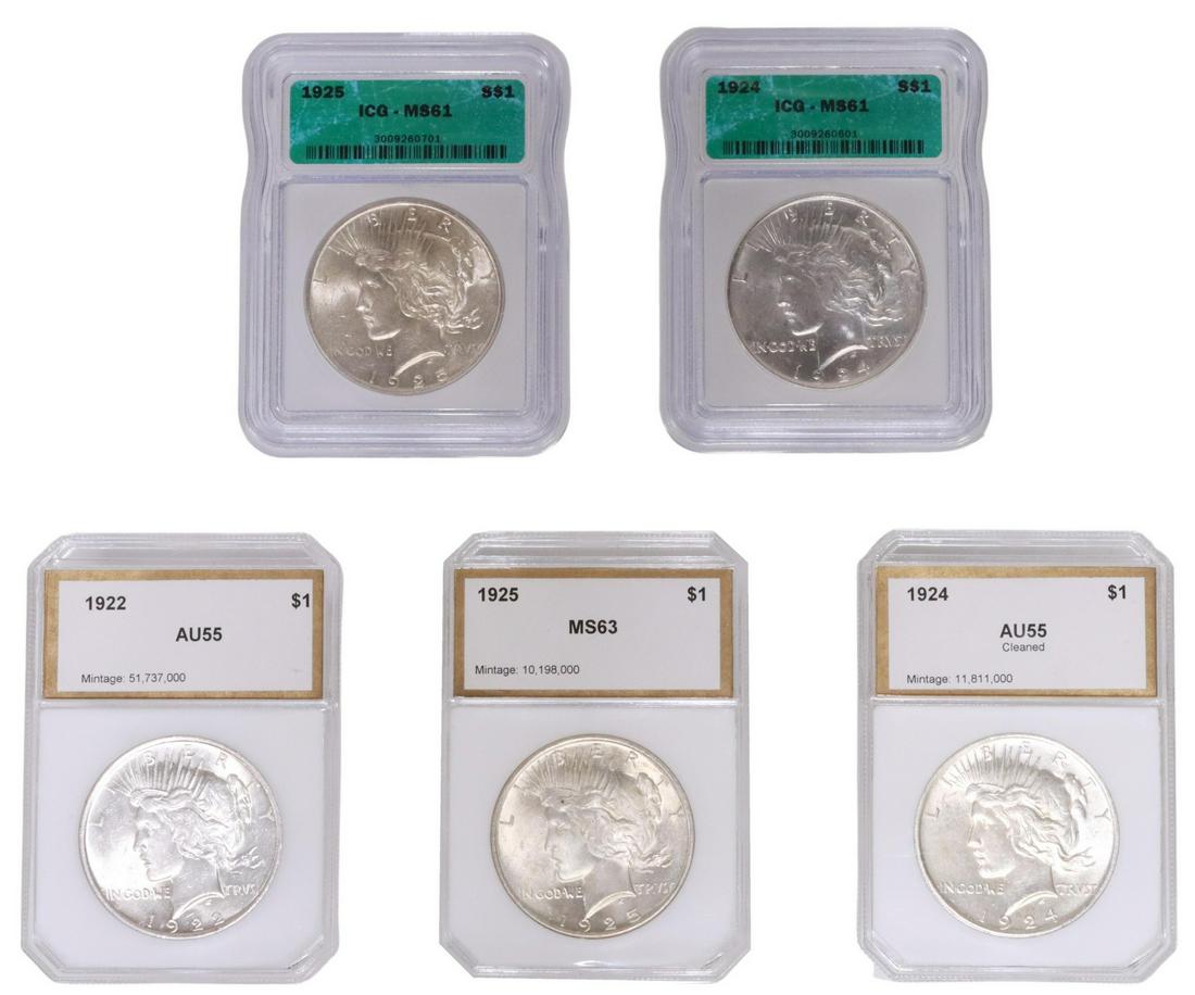 (5) US PEACE SILVER DOLLARS, MS 61, MS 64, AU 55: (lot of 5) US Peace graded silver dollars, all in plastic slabs: (1) 1924, ICG MS-61; (1) 1925, ICG MS-61; (1) 1925, PCI, MS 63; (1) 1922, PCI, AU 55; (1) 1924, PCI AU 55 Cleaned **PLEASE NOTE: ALL co