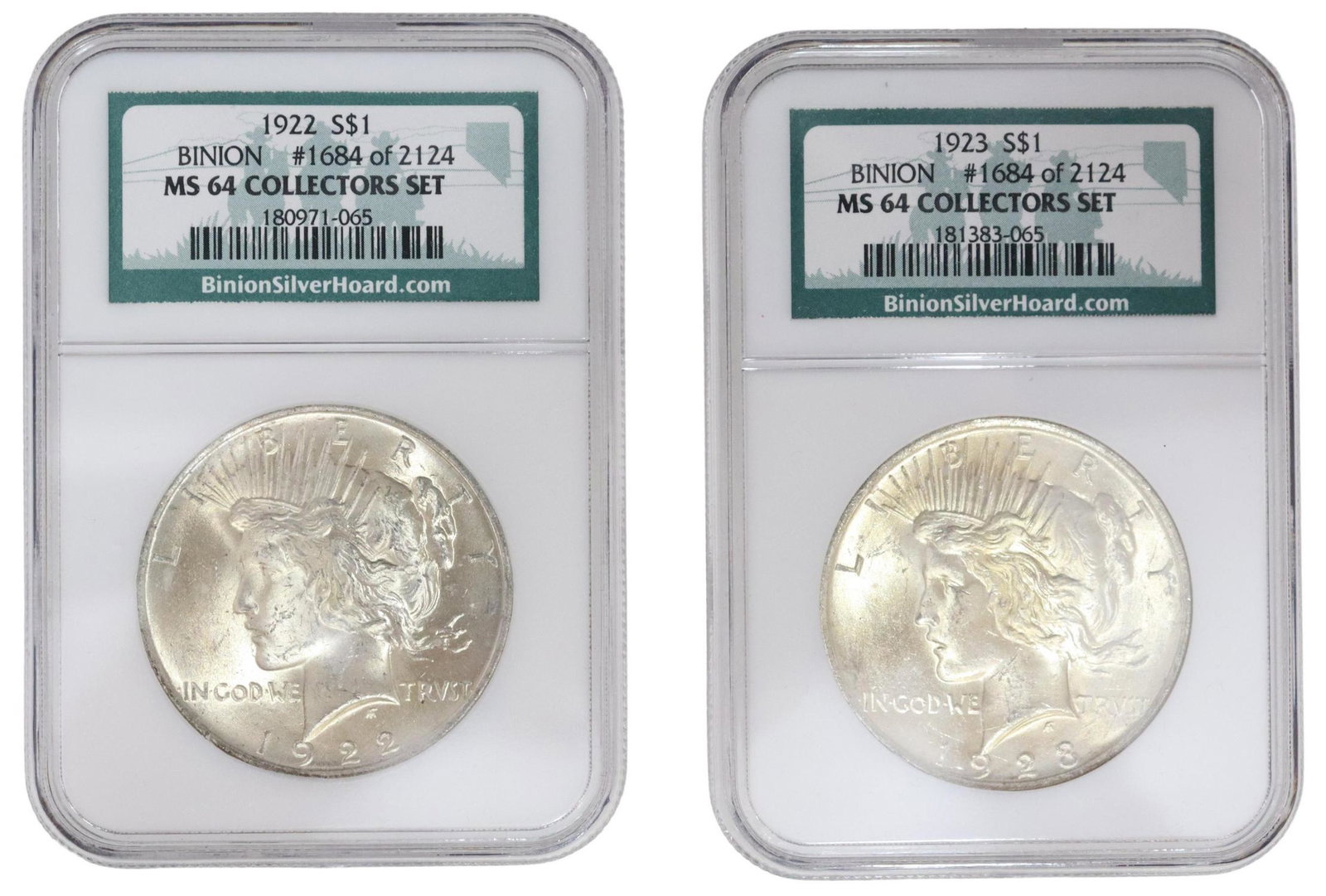 (2) US PEACE DOLLARS, NGC MD-64, BINION HOARD: (lot of 2) Binion hoard 1922 and 1923 Pease silver dollars, both NGC graded MS-64 in sealed slabs, both housed in presentation box approx, 1.25"h, 7"w, 4.5"d, .70lb **PLEASE NOTE: ALL coin / currency 